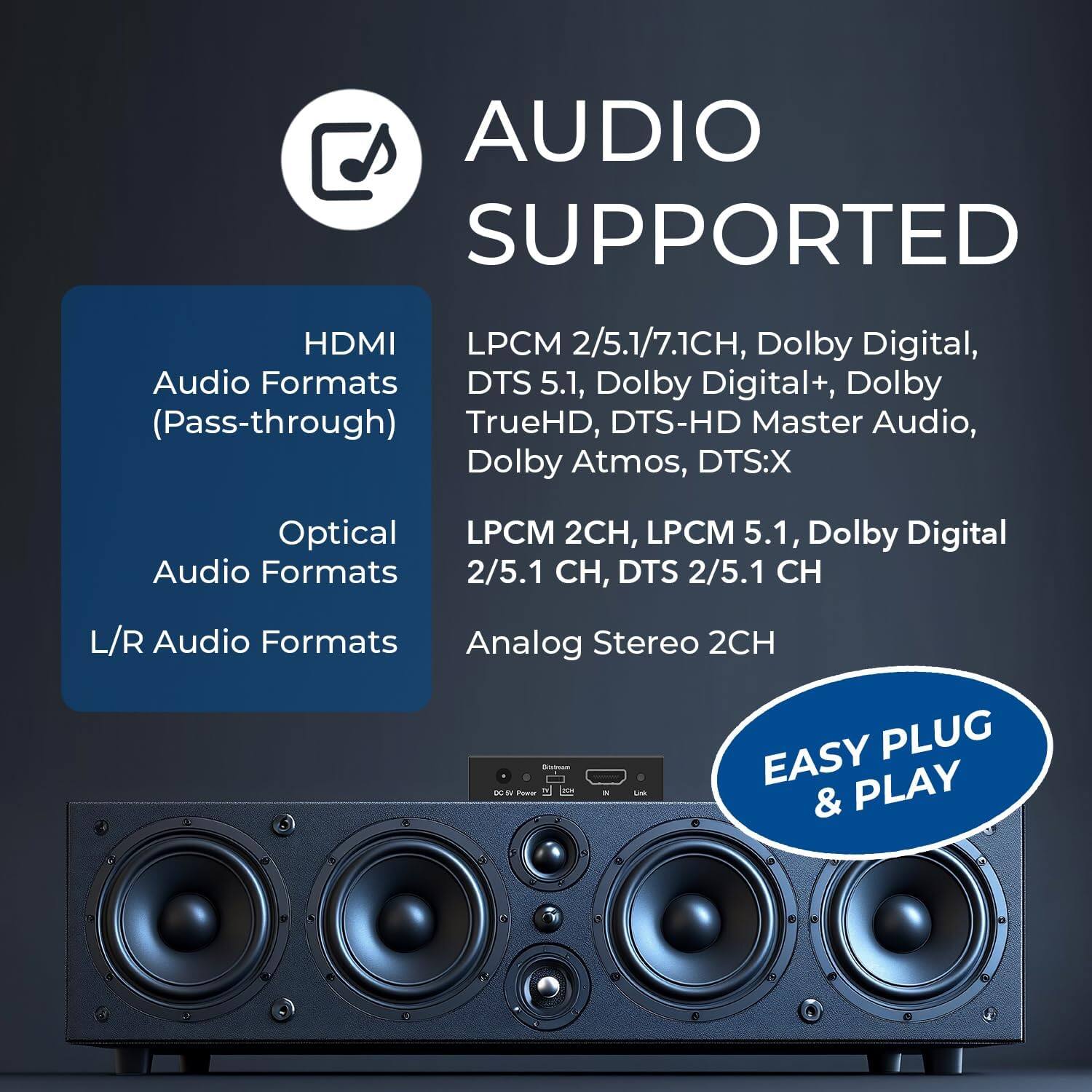 AUDIO SUPPORTED HDMI LPCM 2/5.1/7.1CH, Dolby Digital, DTS 5.1, Dolby Digital+, Dolby (Pass-through) TrueHD, DTS-HD Master Audio, Dolby Atmos, DTS:X Optical Audio Formats LPCM 2CH, LPCM 5.1, Dolby Digital 2/5.1 CH, DTS 2/5.1 CH L/R Audio Formats Analog Stereo 2CH EASY PLUG & PLAY