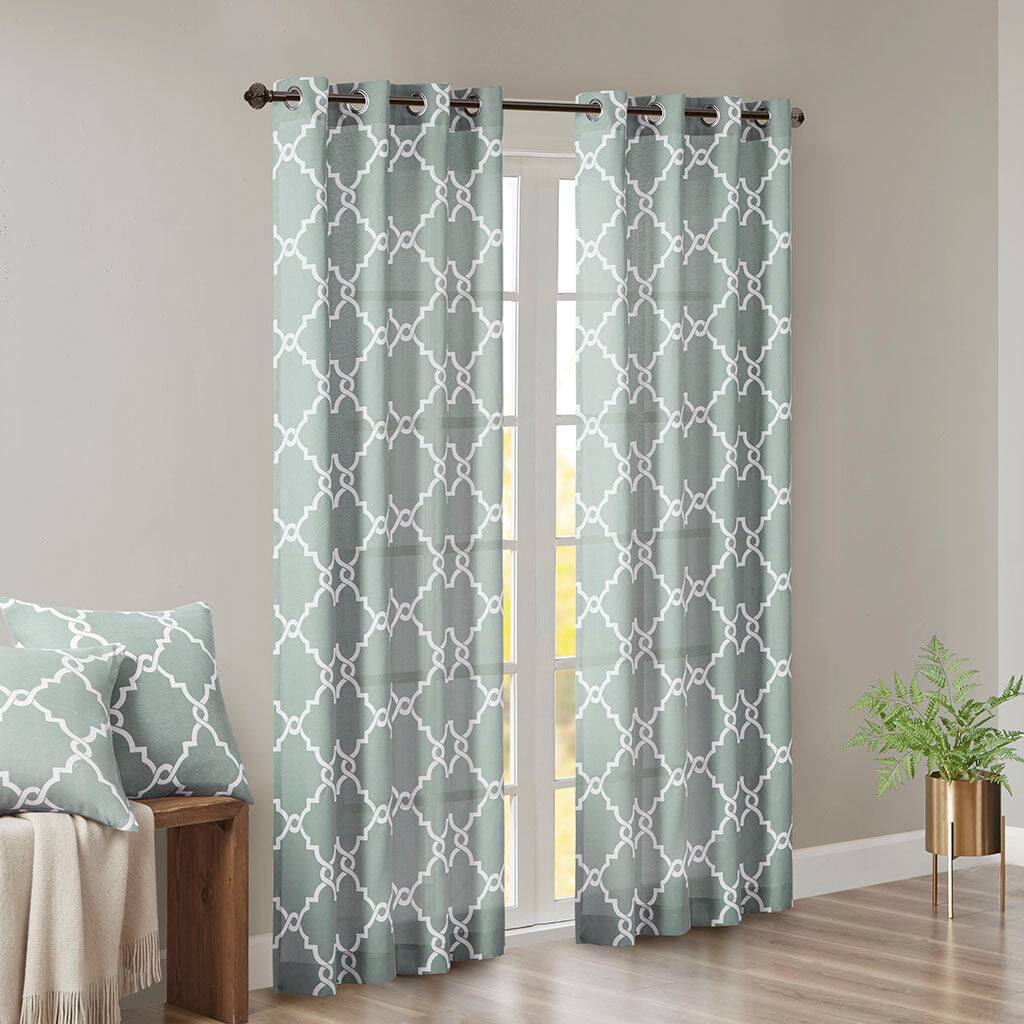 Alt View 5. BreeBe - Fretwork Print Grommet Top Window Curtain Panel(Only 1 Pc Panel) - Seafoam + White.