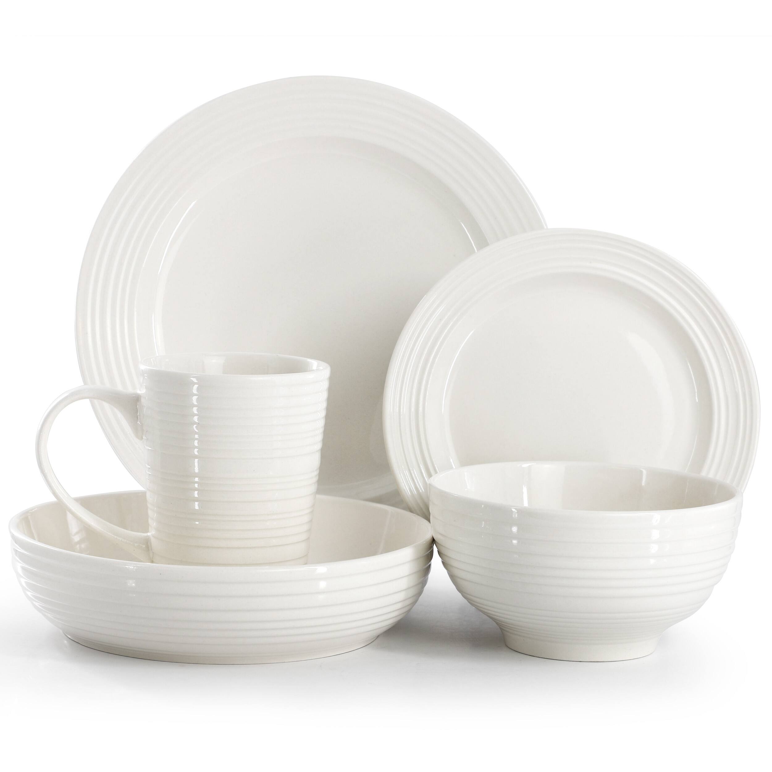 Alt View 1. Elama - Elama Nikki 18 Piece Ribbed White Porcelain Dinnerware and Serving Bowl Set - White.