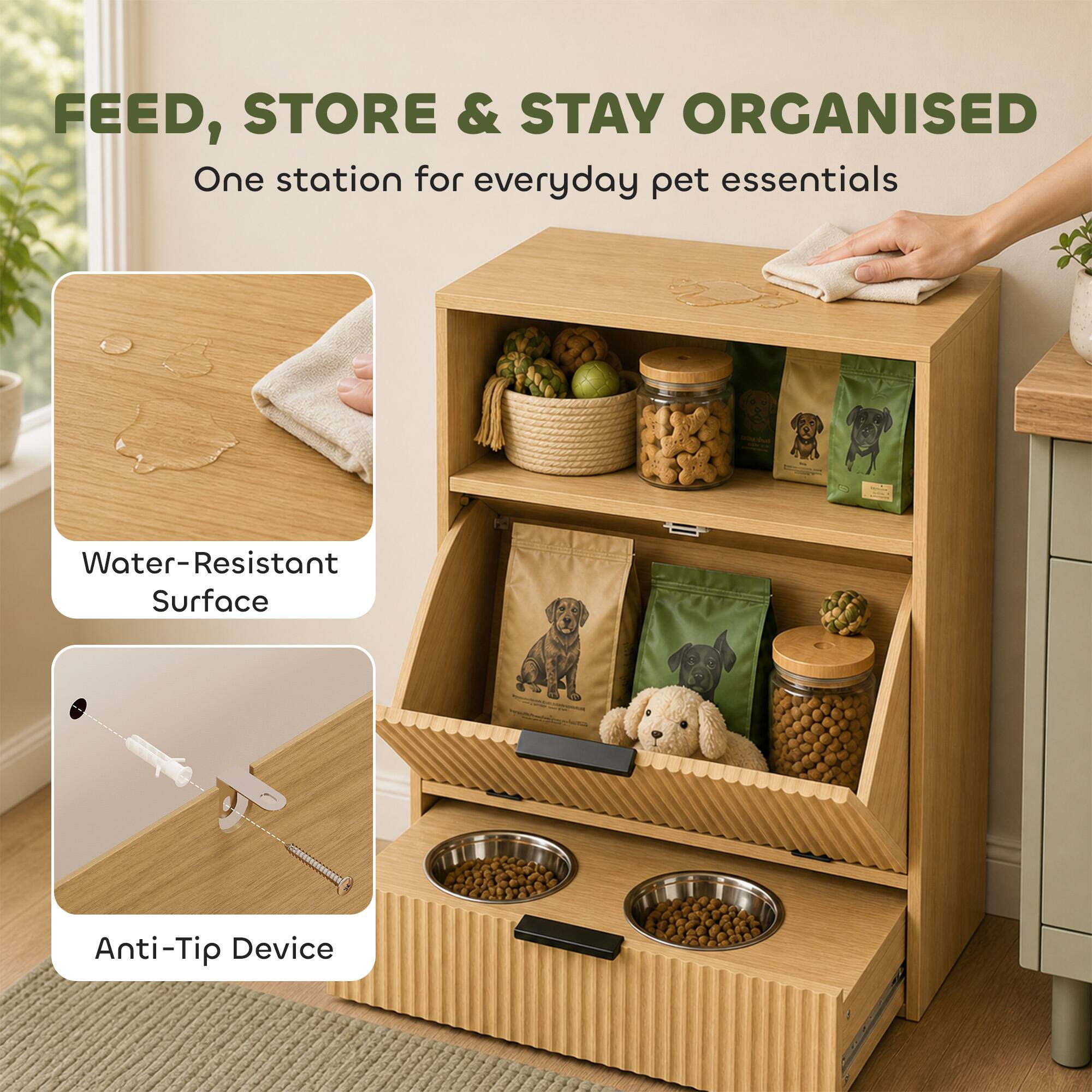 FEED, STORE & STAY ORGANISED  
One station for everyday pet essentials

Water-Resistant Surface

Anti-Tip Device