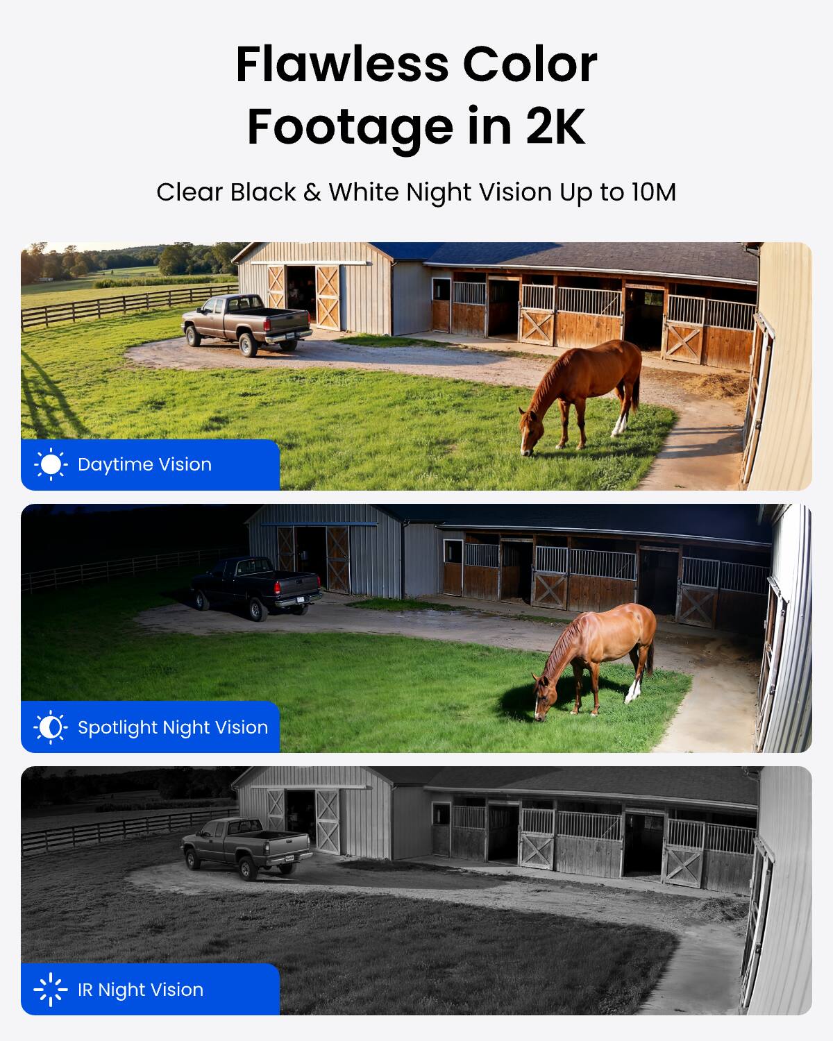 Flawless Color Footage in 2K  
Clear Black & White Night Vision Up to 10M  

Daytime Vision  
Spotlight Night Vision  
IR Night Vision