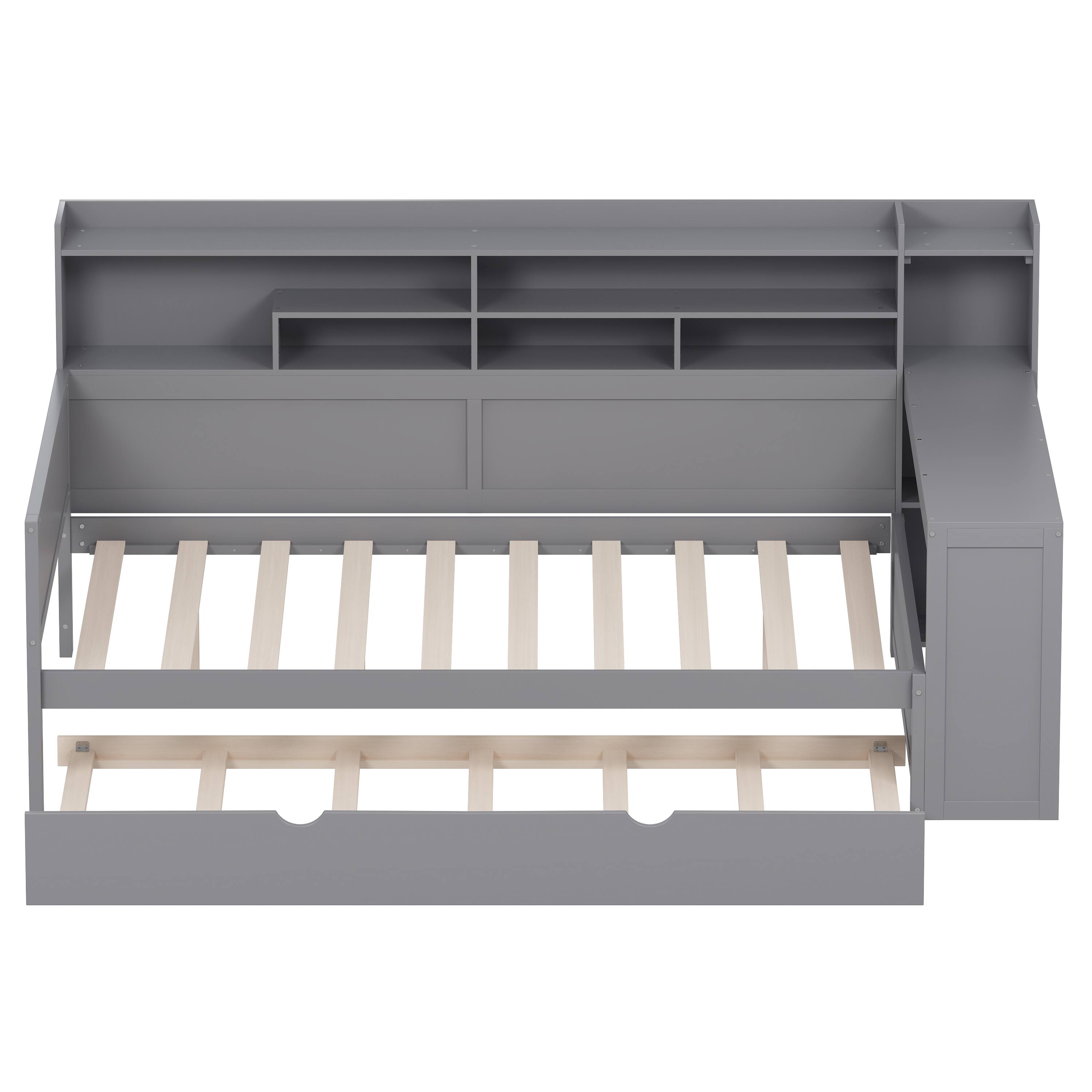 Alt View 4. Tiramisubest - Wooden Full Size Daybed with Storage Shelves, Multi-functional Bed with Twin Size Trundle Bed and  Study Desk,Gray - Gray.