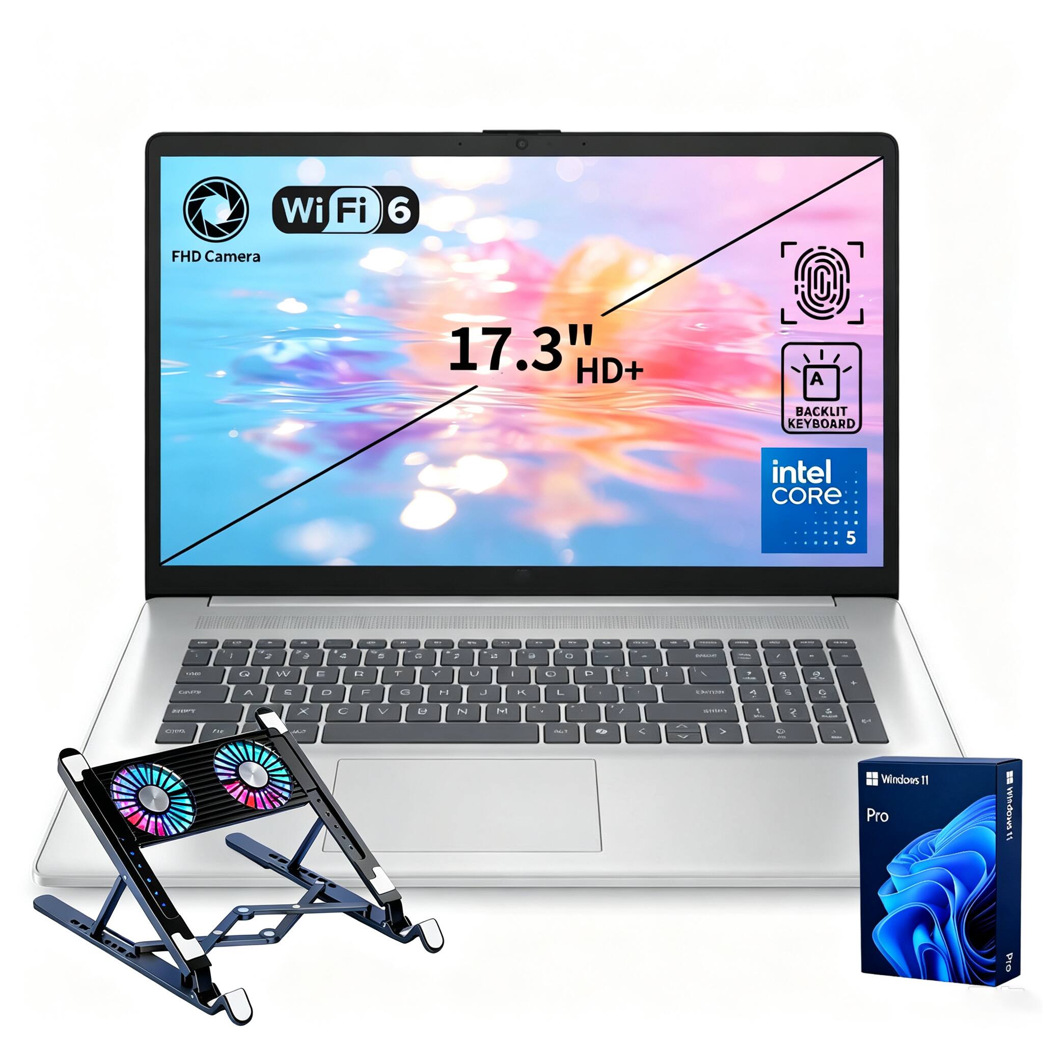 Wi-Fi 6  
FHD Camera  
17.3" HD+  
Backlit Keyboard  
Intel Core i5  
Windows 11 Pro
