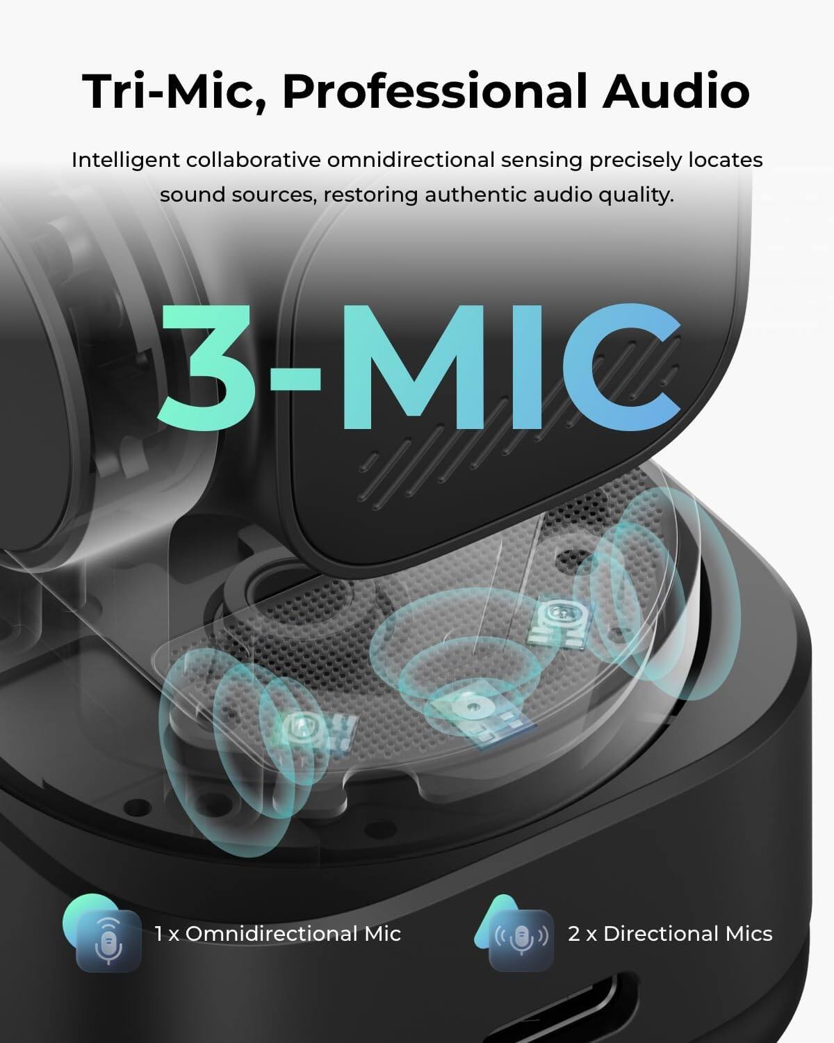 Tri-Mic, Professional Audio

Intelligent collaborative omnidirectional sensing precisely locates sound sources, restoring authentic audio quality.

3-MIC

1 x Omnidirectional Mic

2 x Directional Mics