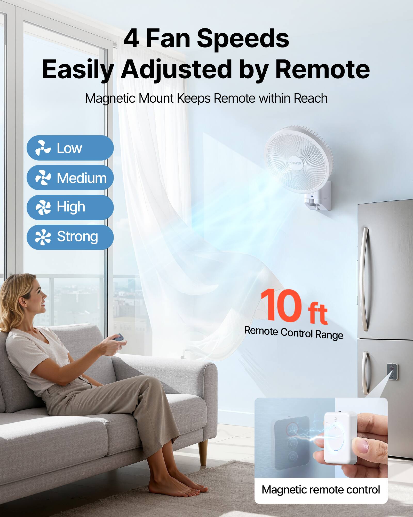 4 Fan Speeds Easily Adjusted by Remote  
Magnetic Mount Keeps Remote within Reach  
Low  
Medium  
High  
Strong  
10 ft Remote Control Range  
Magnetic remote control