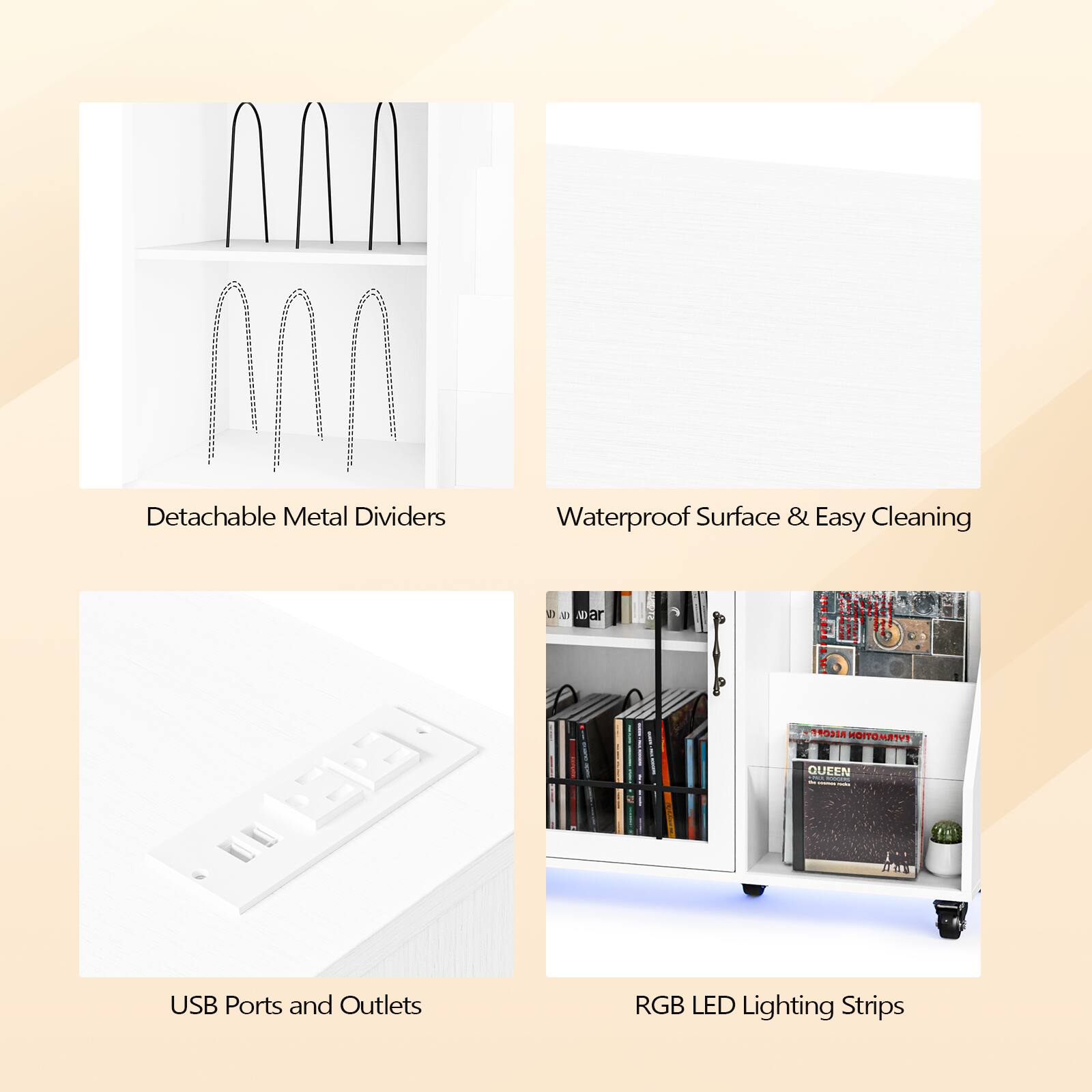 - Detachable Metal Dividers
- Waterproof Surface & Easy Cleaning
- USB Ports and Outlets
- RGB LED Lighting Strips