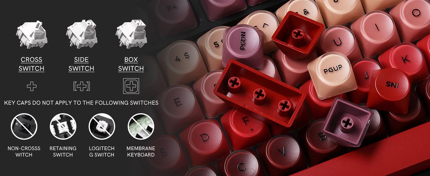 F4 CROSS SIDE BOX 4 $ SWITCH SWITCH SWITCH + + KEY CAPS DO NOT APPLY TO THE FOLLOWING SWITCHES E NON-CROSS RETAINING LOGITECH MEMBRANE WITCH SWITCH G SWITCH KEYBOARD S 5 D PGDN F C  & + + V  U PGUP J + O I K INS