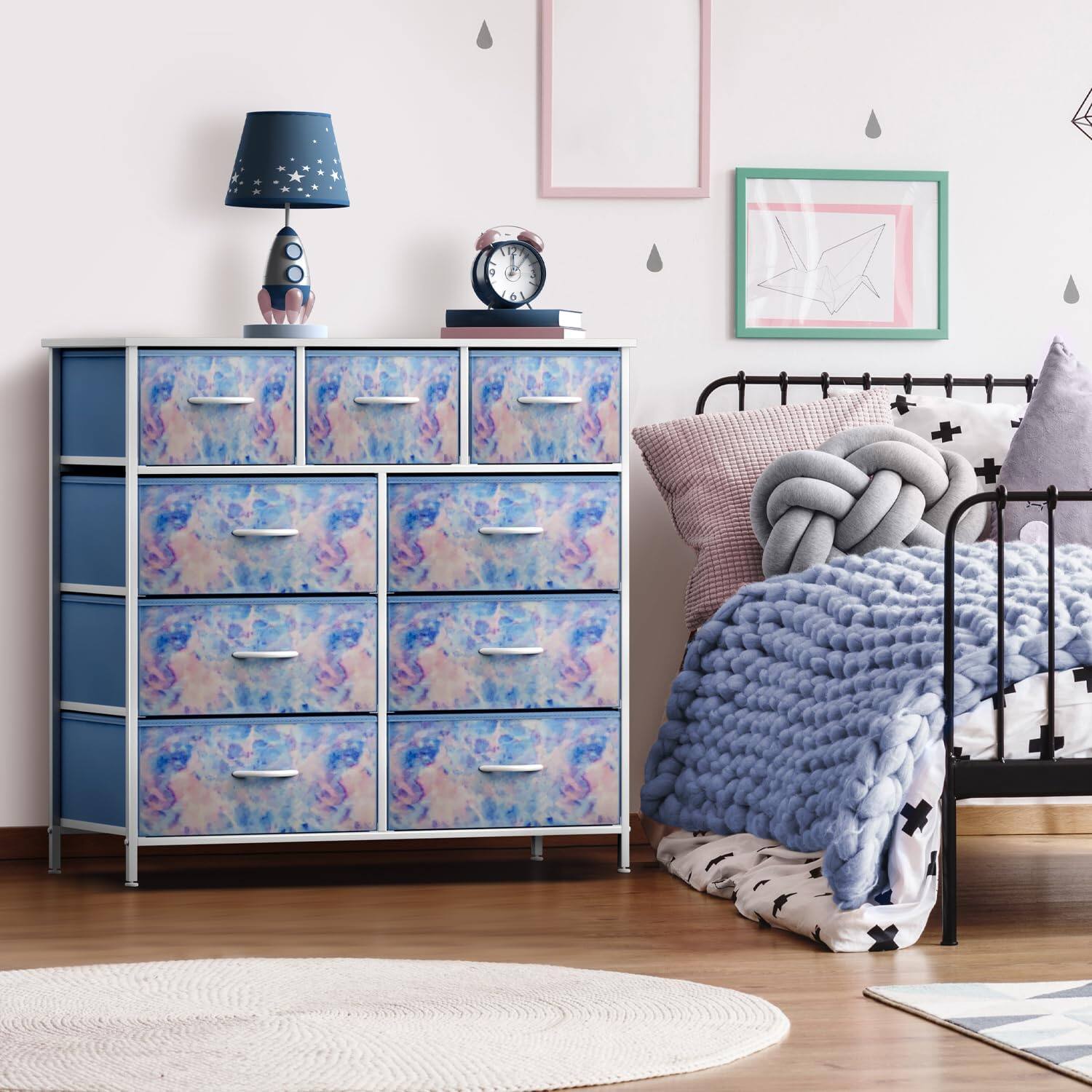Angle. Sorbus - Sorbus 9 Drawers Dresser - Furniture Storage for Bedroom, Closet, and More - Steel Frame, Wood Top, Fabric Bins - Blue Tie-Dye.