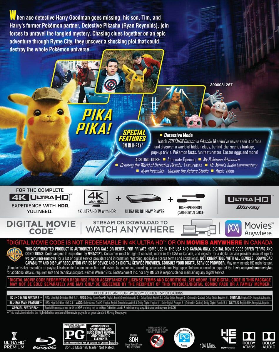 Back. Pokémon Detective Pikachu   - 4K Blu-Ray.