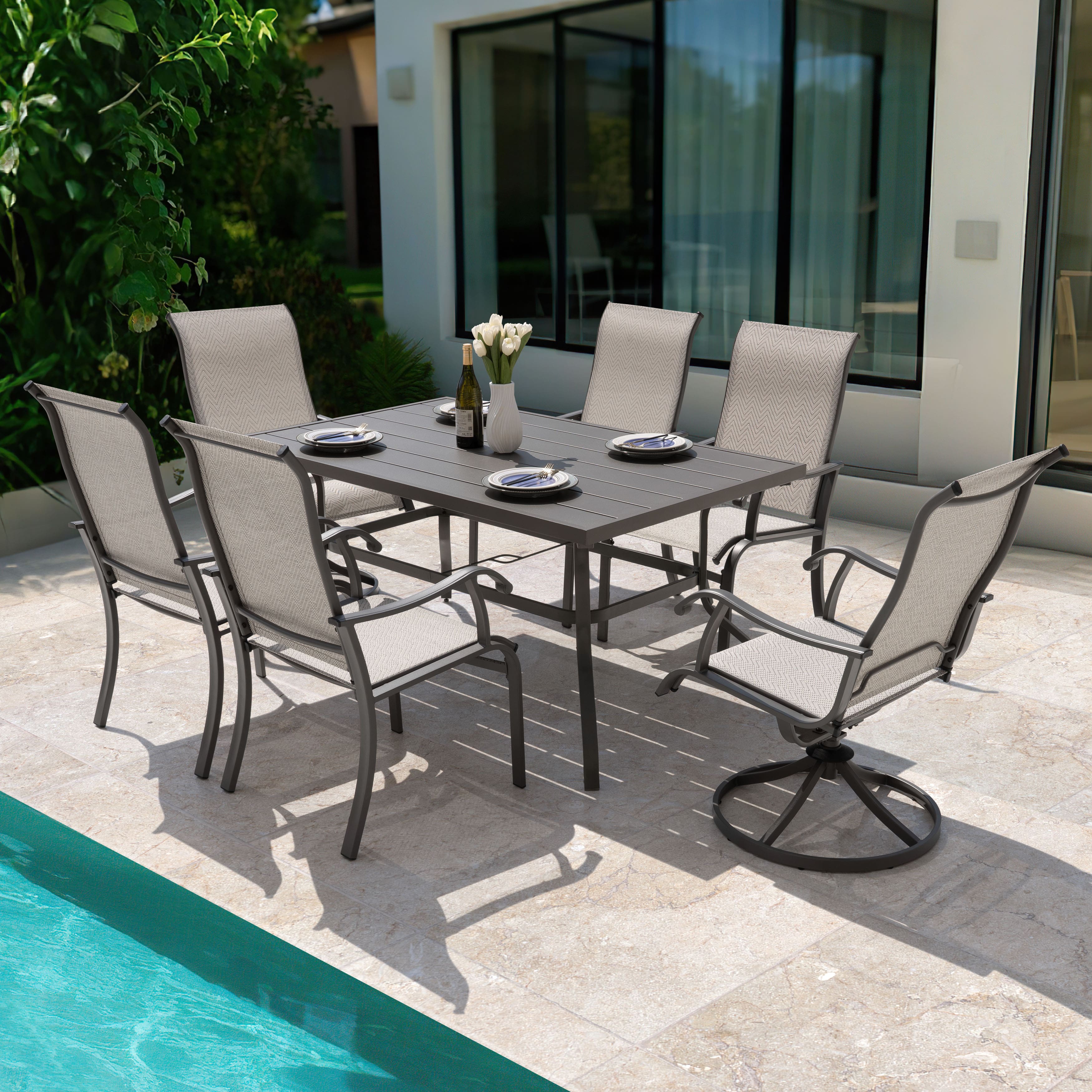 Nuu Garden - Patio 7 Pieces Textilene Dining Set with Swivel Design, Umbrella Hole - Beige and Gray price history on PriceWatchPro