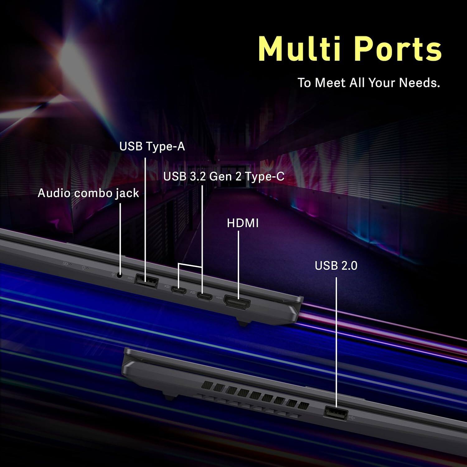 Multi Ports  
To Meet All Your Needs.  

- Audio combo jack  
- USB Type-A  
- USB 3.2 Gen 2 Type-C  
- HDMI  
- USB 2.0