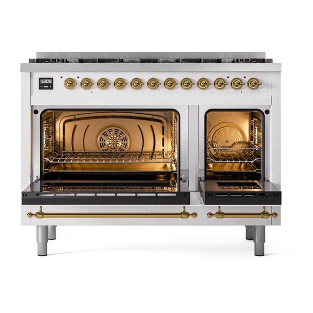 Alt View 3. ILVE - ILVE Nostalgie II 48 inch Dual Fuel Range with 8 Black Brass Sealed Burners (Limited Edition) (White, Brass) - White.