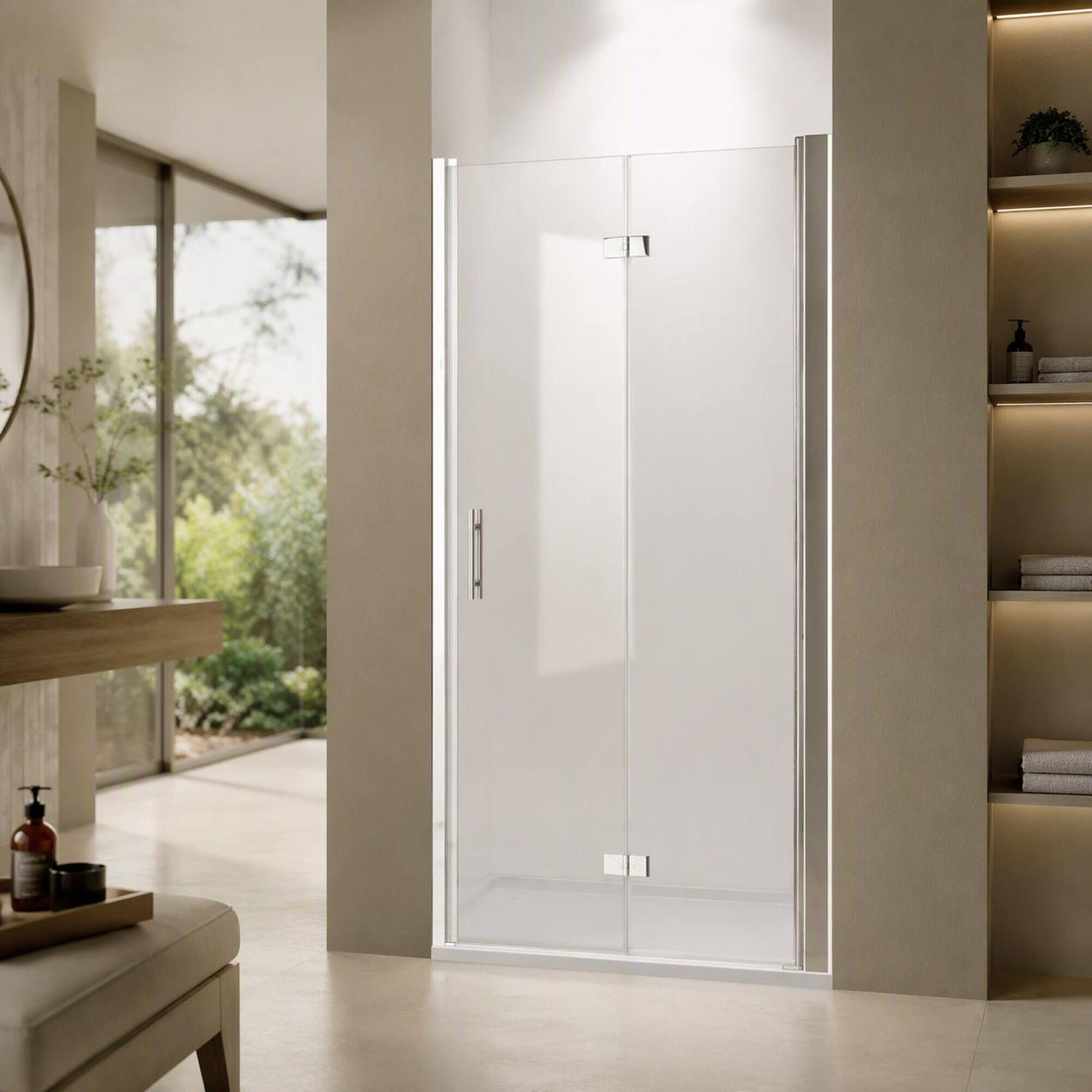 Front. RYHNUYNE - 32-33 In X 72 In Bifold Shower Door, 1/4 In Clear Tempered Glass Chrome Finish - Chrome.