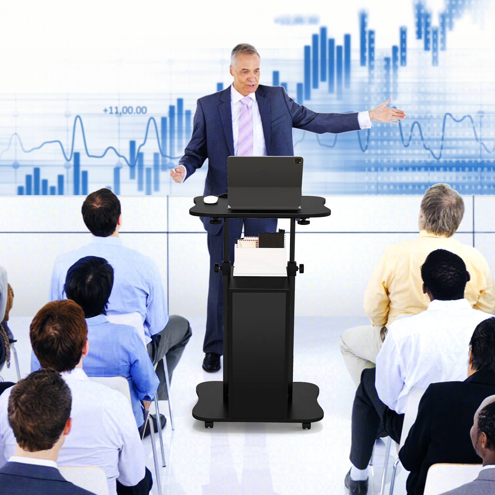 Alt View 1. Ecooso - Mobile Standing Desk Cart with Tilt Desktop and Storage Cabinet, Rolling Workstation - Black.