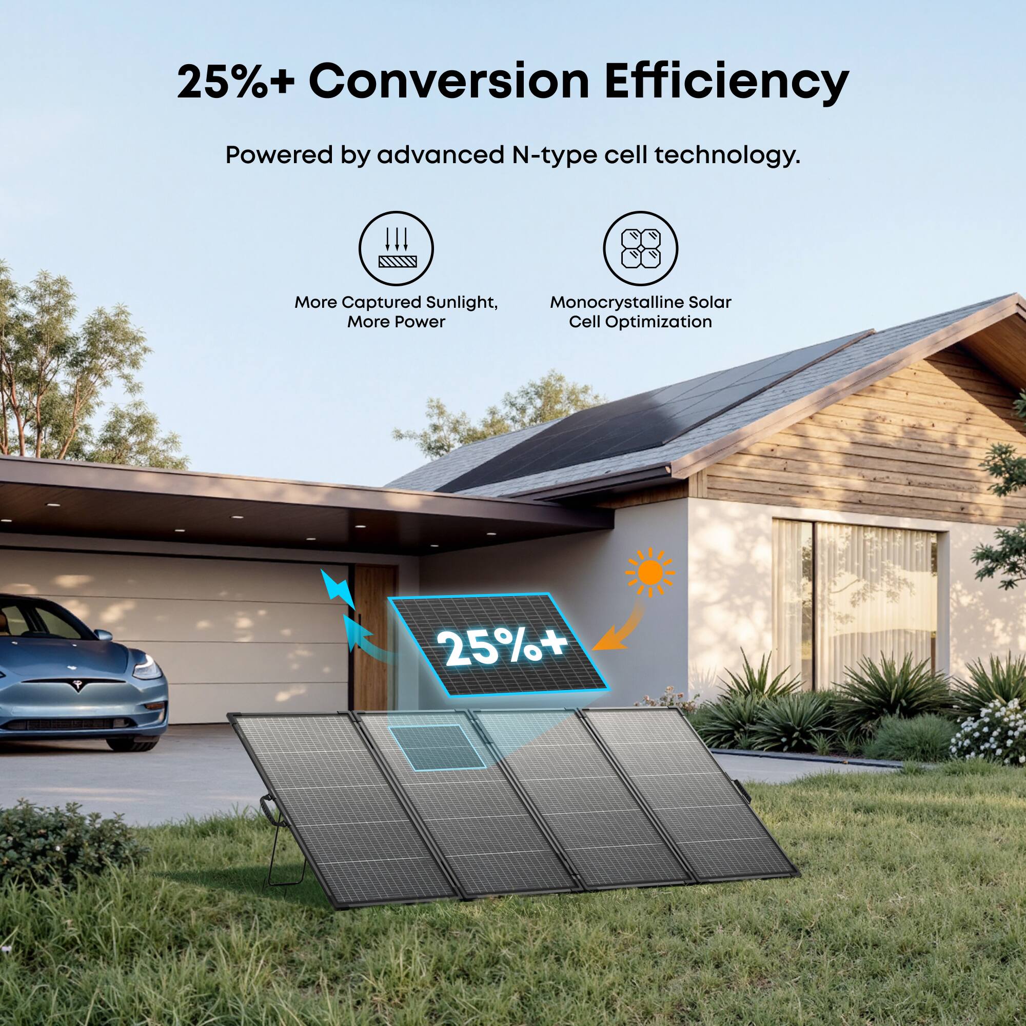 25%+ Conversion Efficiency  
Powered by advanced N-type cell technology.  
More Captured Sunlight, More Power  
Monocrystalline Solar Cell Optimization