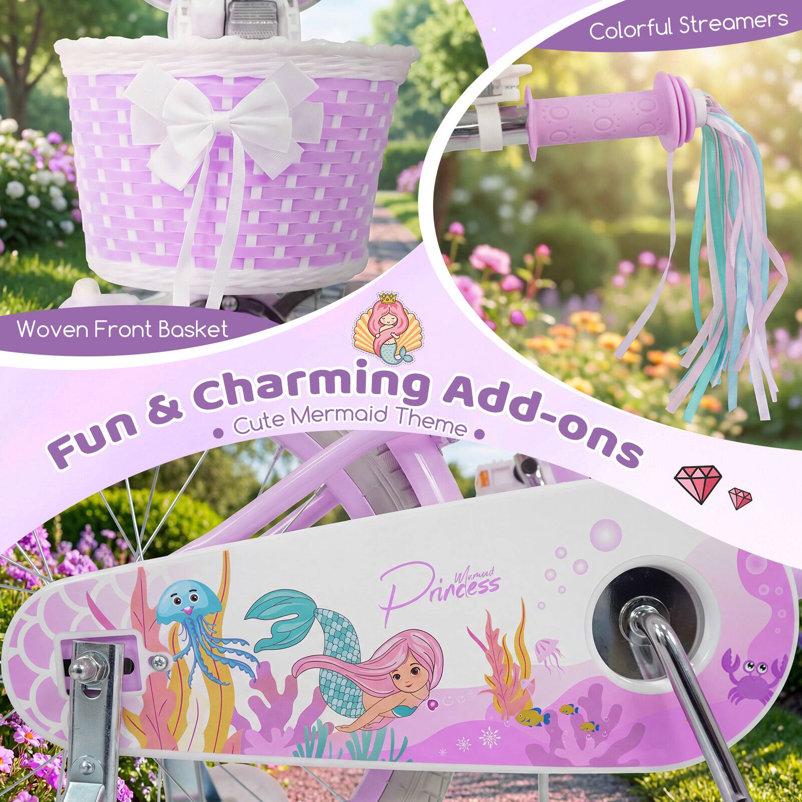 Colorful Streamers Woven Front Basket & Charming Cute Mermaid Theme Add-ons Fun & Charming Add-ons

- Woven Front Basket
- Colorful Streamers
- Cute Mermaid Theme

Princess