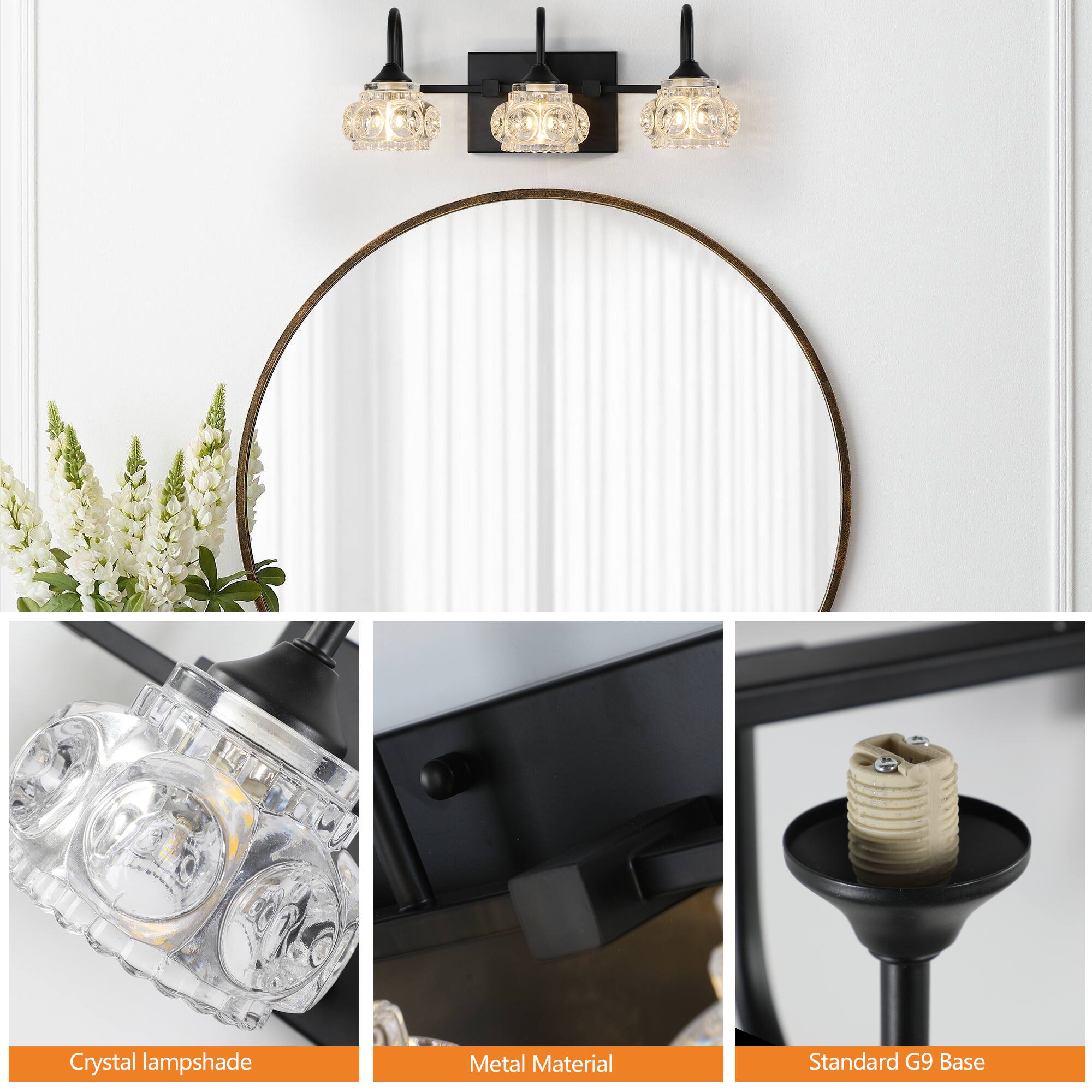 Crystal lampshade  
Metal Material  
Standard G9 Base