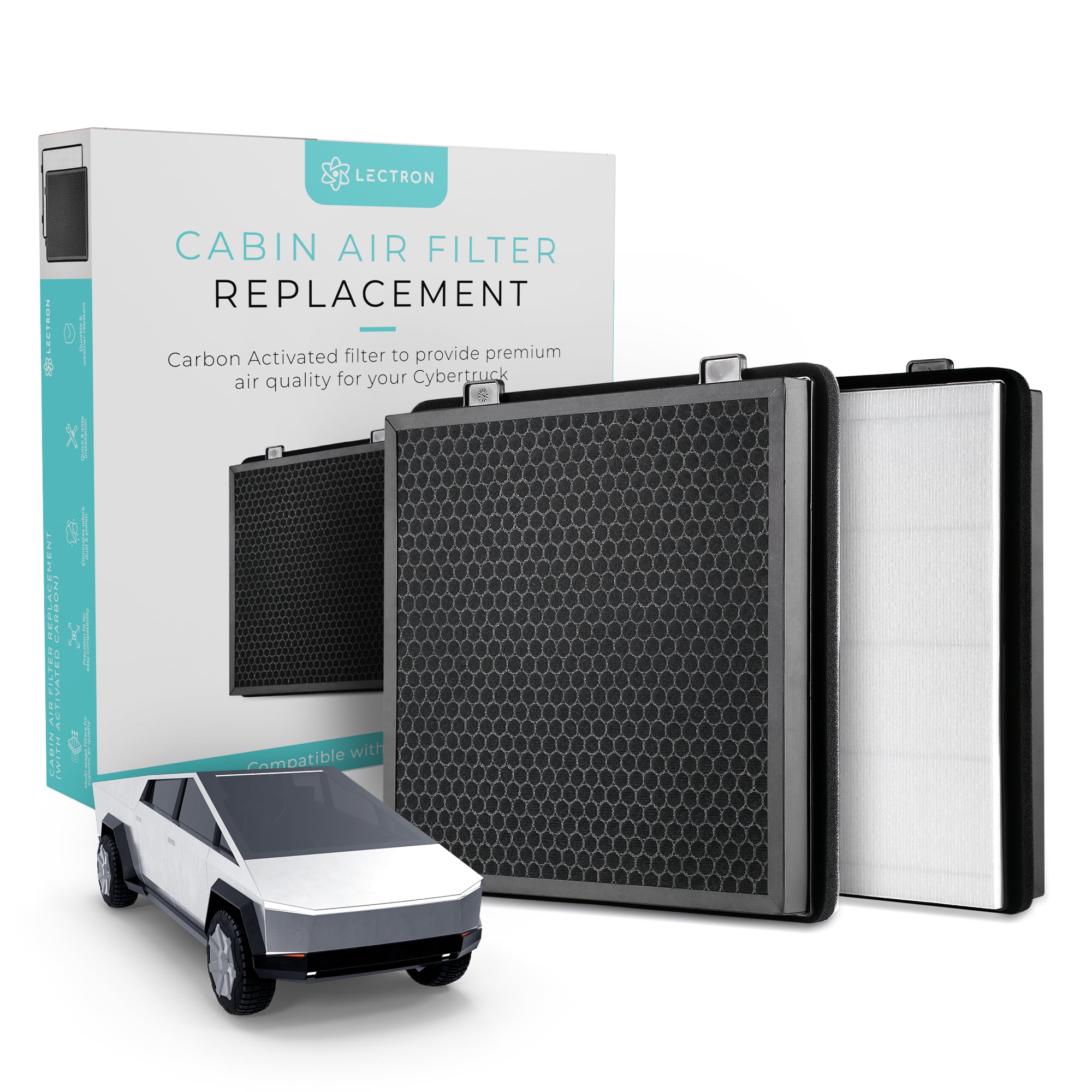 LECTRON ecION D | X | $199.99 CANADIAN: INORDWA! | .-8011 | WITH CABIN AIR FILTER REPLACEMENT Carbon Activated filter to provide premium air quality for your Cybertruck with Compatible