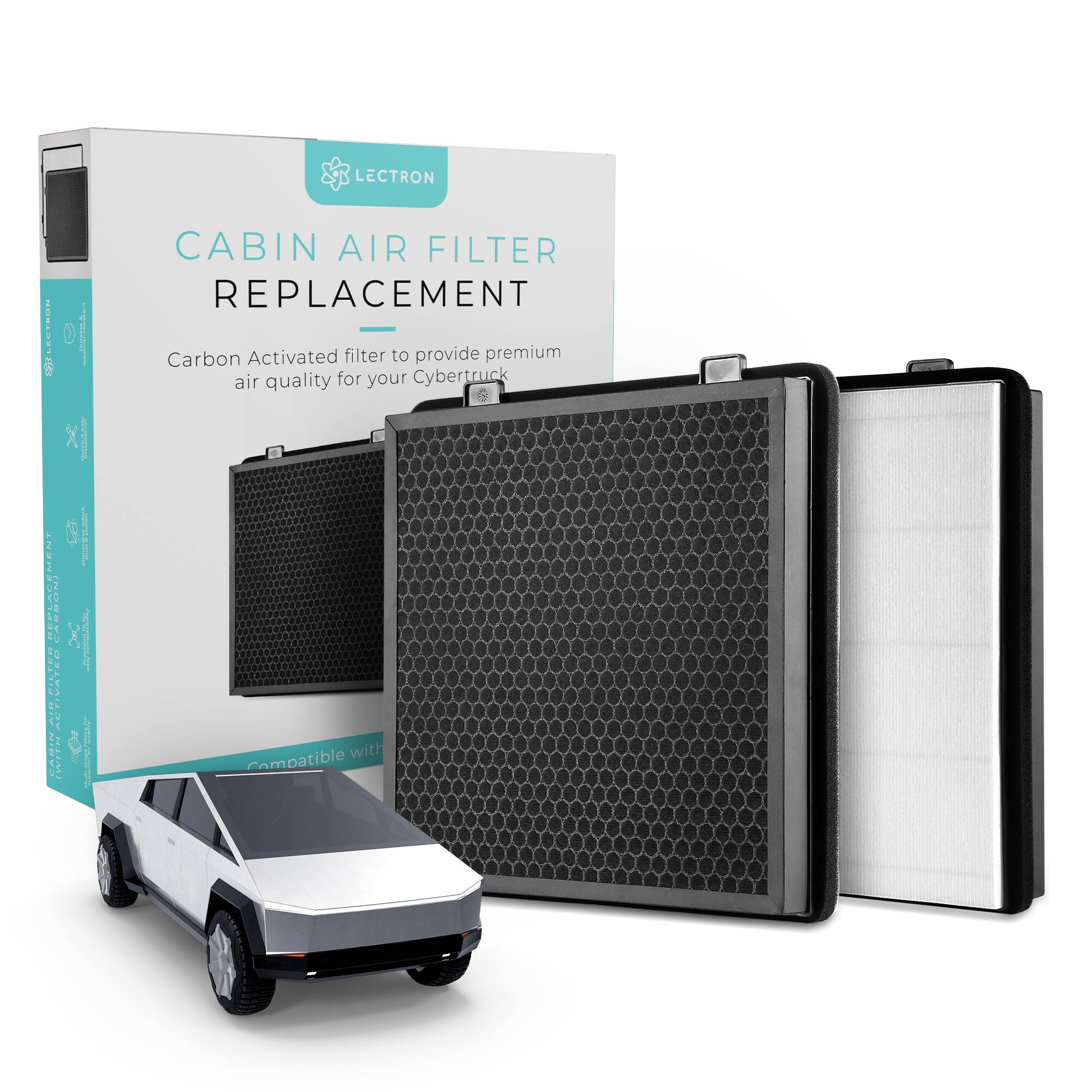 LECTRON ecION D | X | $199.99 CANADIAN: INORDWA! | .-8011 | WITH CABIN AIR FILTER REPLACEMENT Carbon Activated filter to provide premium air quality for your Cybertruck with Compatible