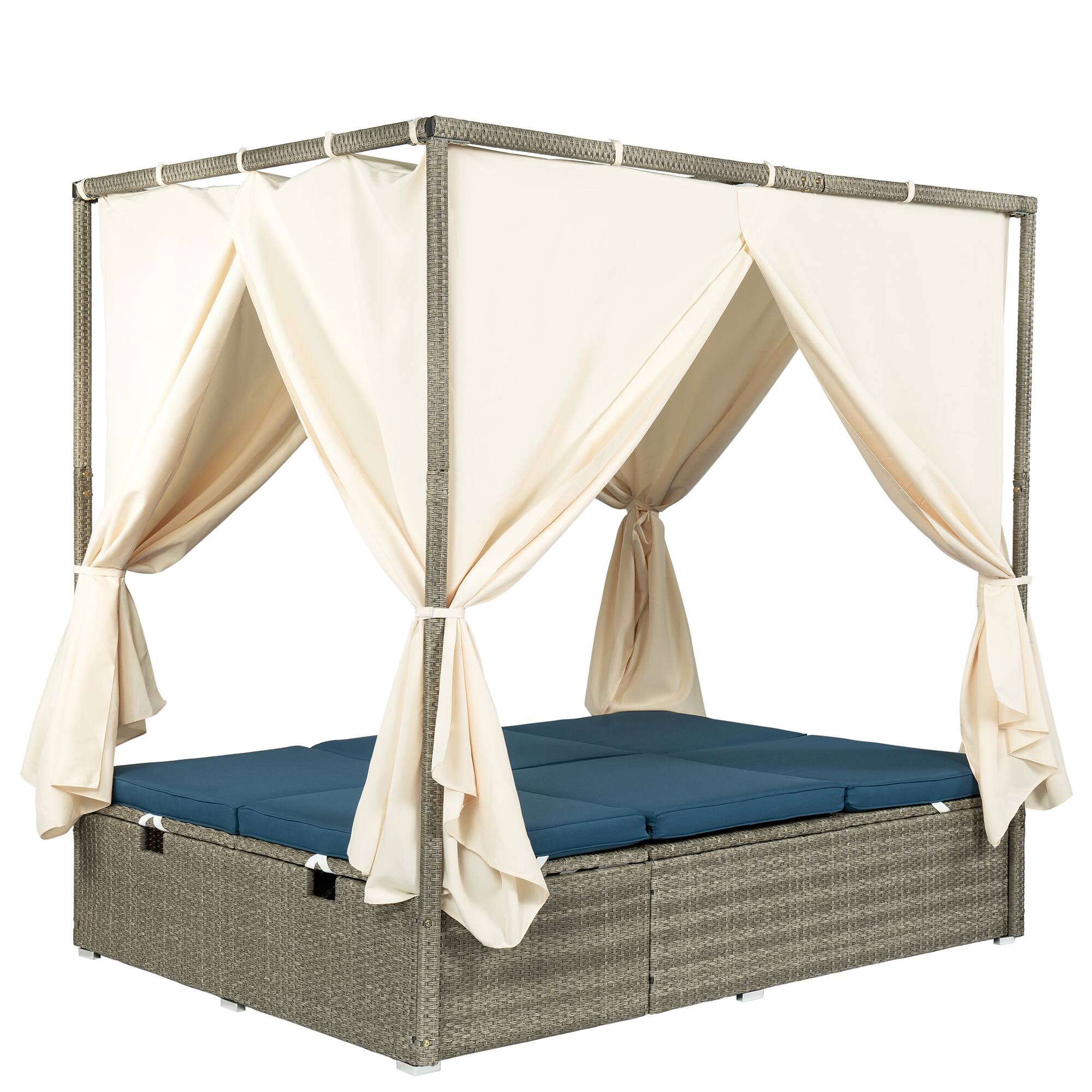 Back. Mondawe - Outdoor Adjustable Sun Lounger with Canopy, Recline and Removable Cushion - Dark Blue.