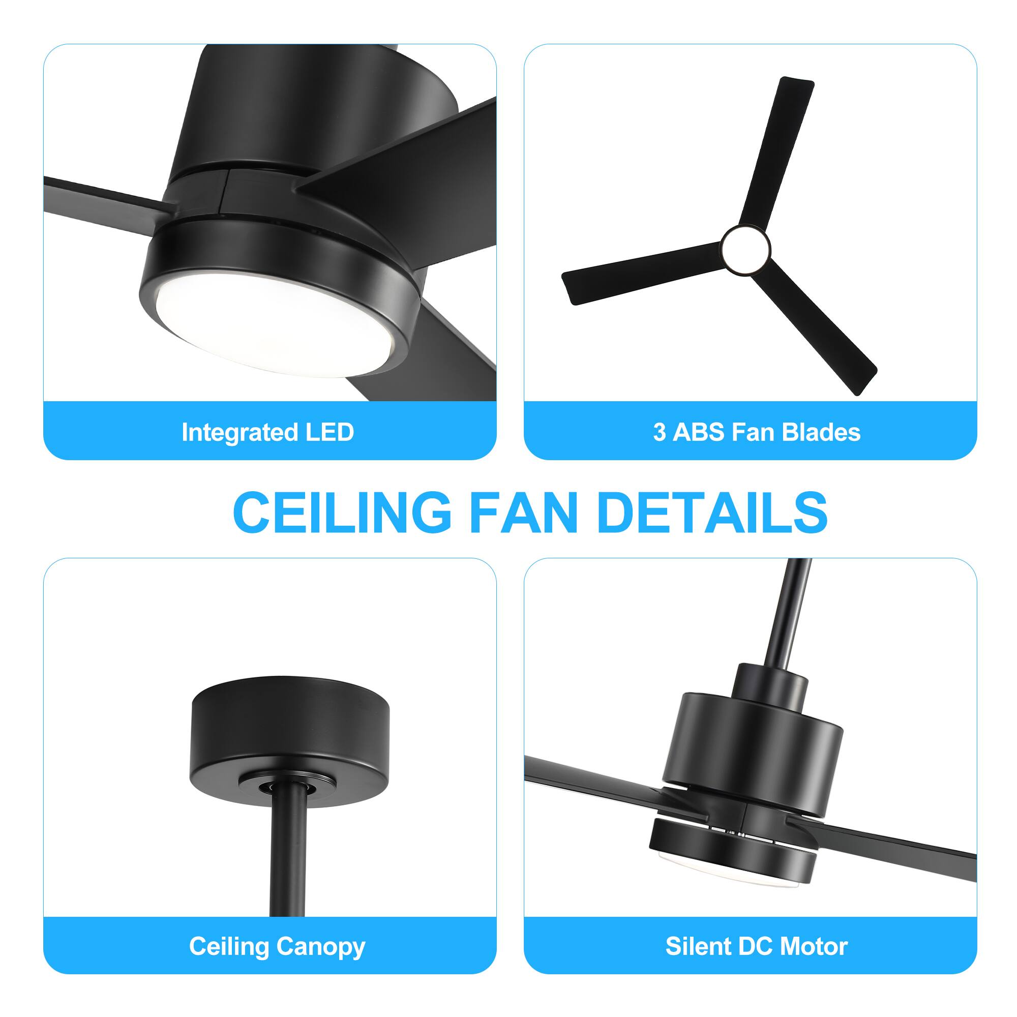 Integrated LED, 3 ABS Fan Blades, Ceiling Canopy, Silent DC Motor