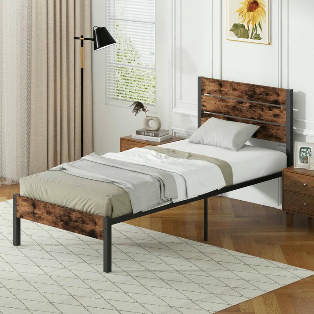 Alt View 4. Kadyn - Platform Bed Frame, Bedroom Bed Frame,Full/King/Queen/Twin Size Bed Frame with High Headboard and Mute Bar-Twin Size - Brown.