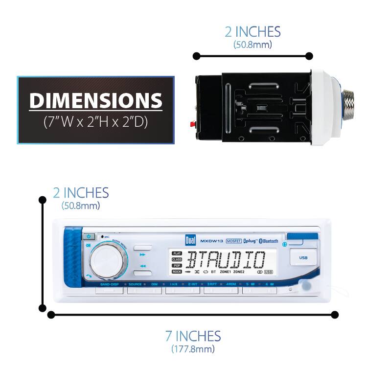 2 INCHES (50.8mm)

DIMENSIONS (7"W x 2"H x 2"D)

2 INCHES (50.8mm)

WC ALISIO MENU
Dual MXDW13 MOSFET Oplug Bluetooth FLAT CLASS BTAUDIO POP ROCK BT ZONE1 ZONE2 (1) USB
USB
BAND-DISP
SOURCE
DIM
I
#141
2 INT
3RPT
4RDM
5
6
7 INCHES (177.8mm)
