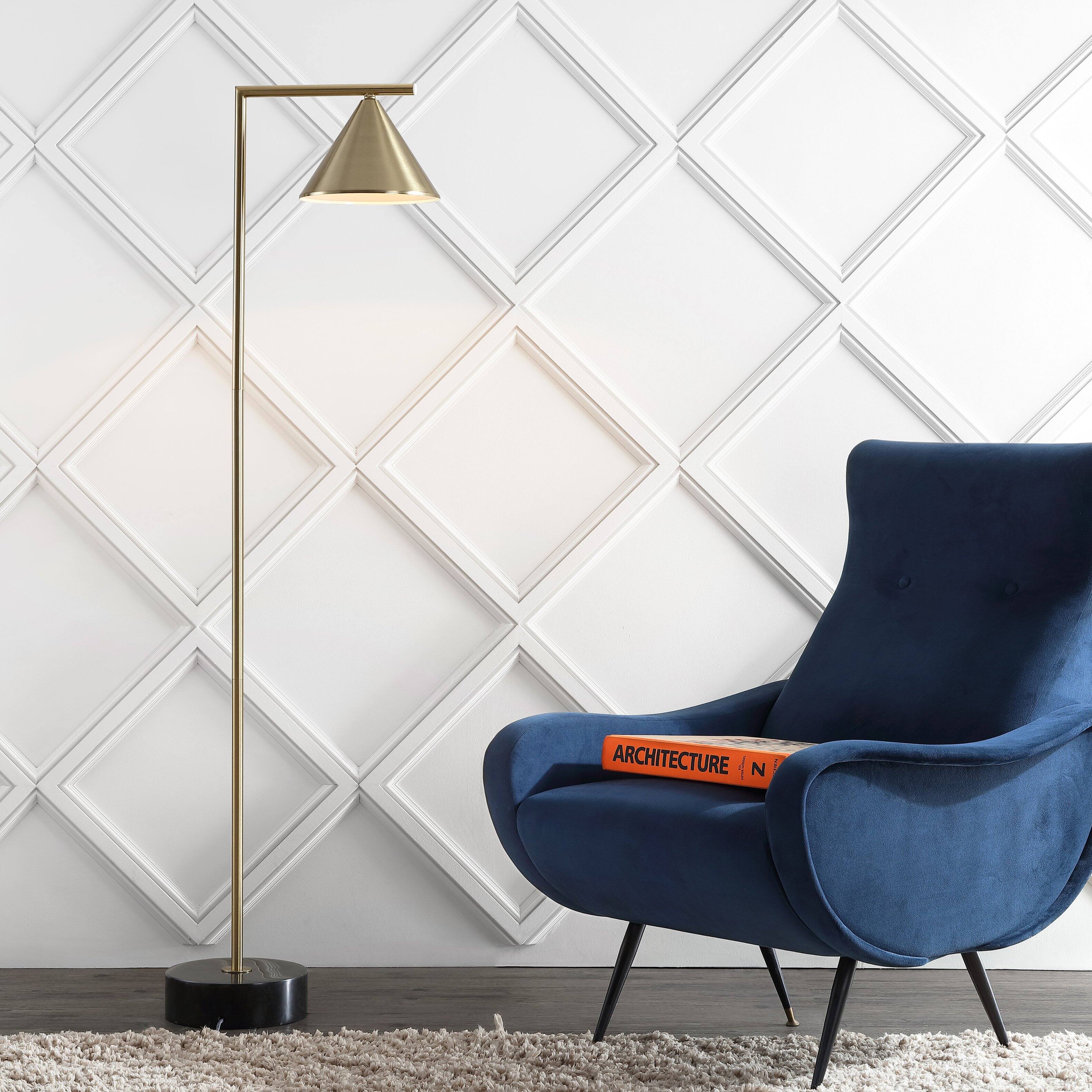 Alt View 1. Jonathan Y - Chelsea 60" Metal/Marble Cone Shade LED Floor Lamp, Brass/Black - Brass Gold/ Black.