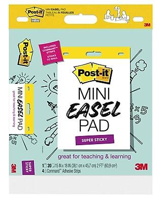 Post-it Mini Easel Pad  
Tableau à Feuilles Petite  

Includes Command Strips  
Sticks to Wall  

Post-it Mini Easel Pad  
Super Sticky  

Great for Teaching & Learning  

1 Pad  
20 Sheets  
15" x 18" (38.1 cm x 45.7 cm)  
2 FT (60.9 cm)  

4 Command Adhesive Strips  

3M