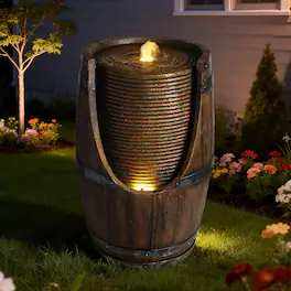 Anysun - Outdoor Barrel Water Fountain with Lights – Rustic Wood Look Resin Handmade Waterfall Garden Decor for Patio, Yard - Brown Gray