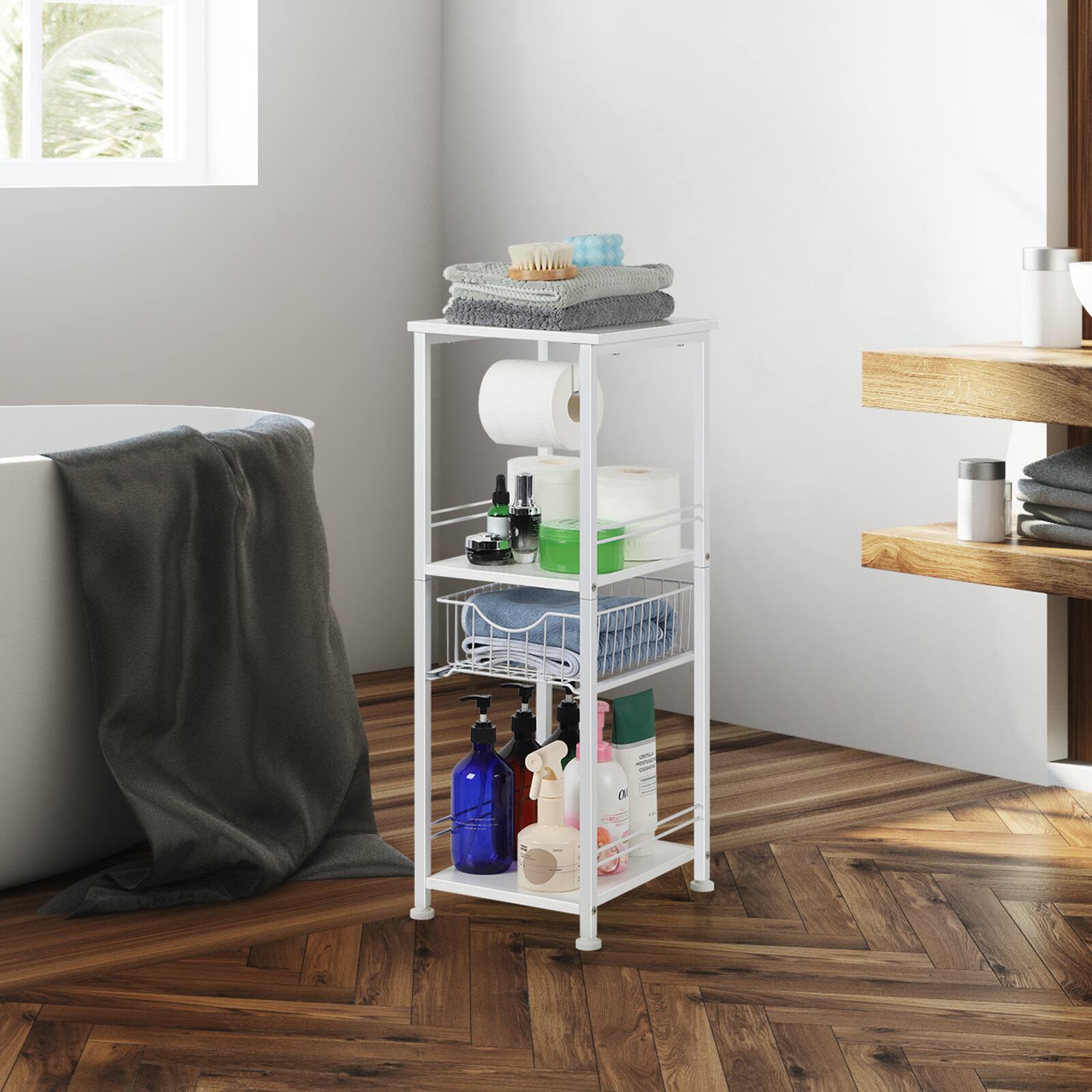 Alt View 2. Oumilen - Bathroom Storage Rack with Basket and Toilet Paper Holder, White - White.