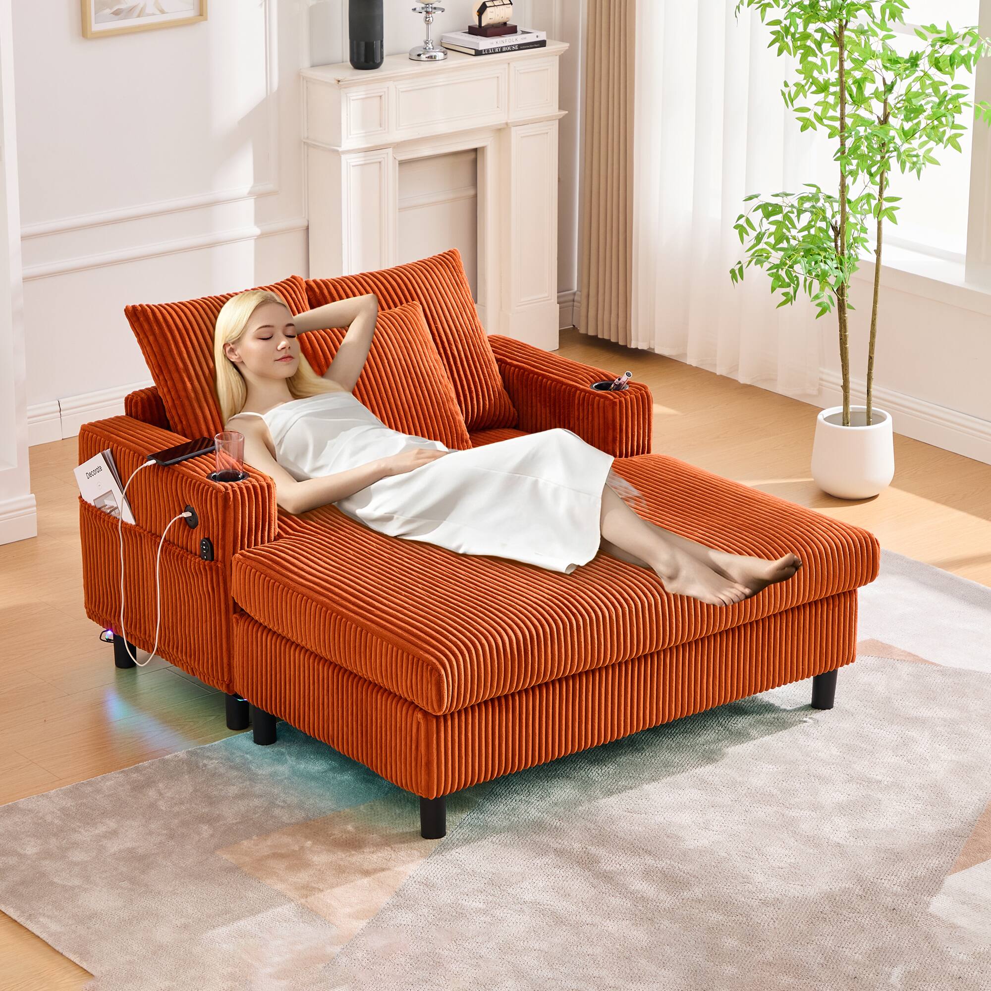 Alt View 1. Trinkets Crazed - Modern Corduroy Oversized Recliner Sofa with Deep Seat, USB Charging,RGB LED Light Strip - Orange.