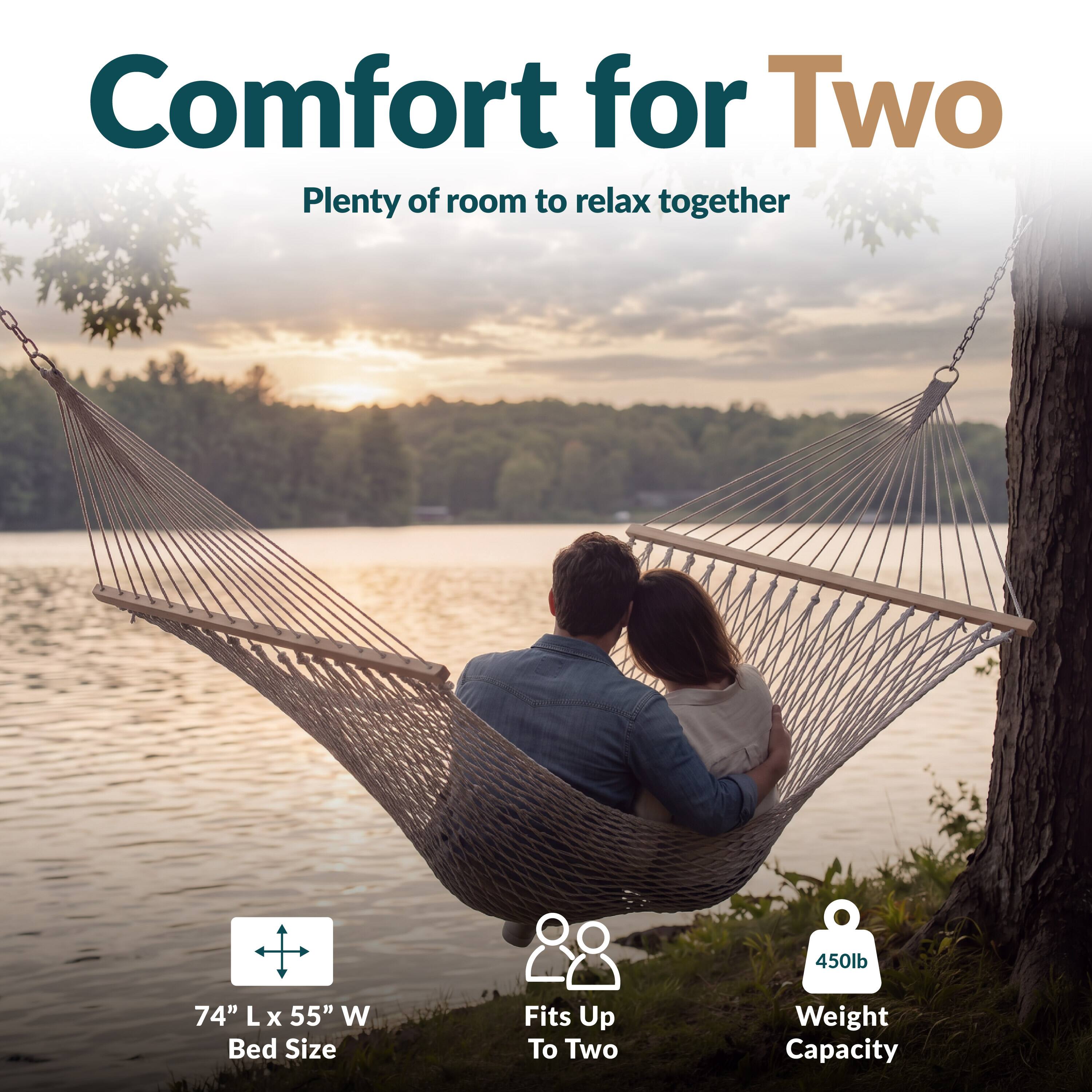 Comfort for Two  
Plenty of room to relax together

450lb  
74" L x 55" W Bed Size  
Fits Up To Two  
Weight Capacity