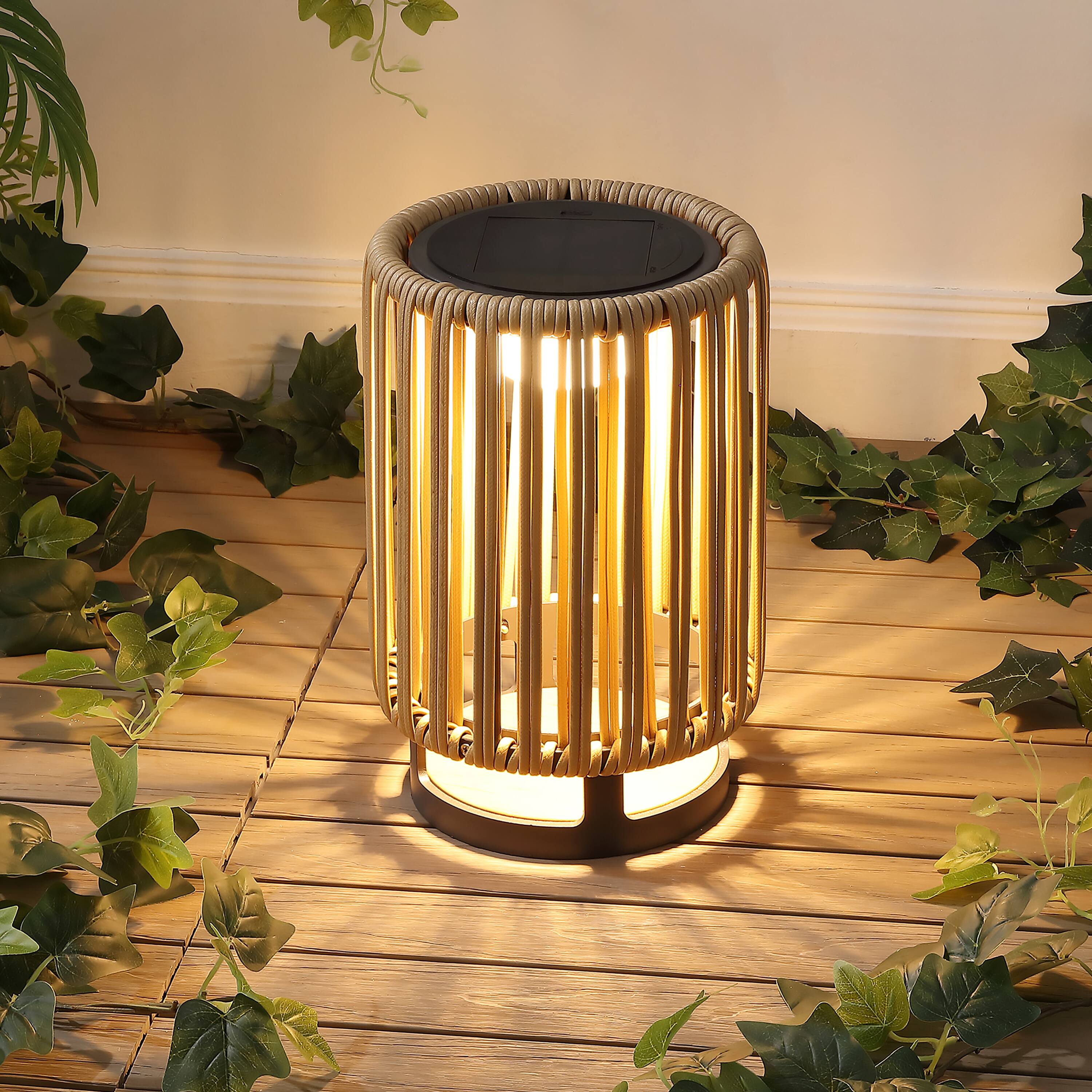 Alt View 1. Jonathan Y - Sawara 12.5" Modern Minimalist Faux Rattan Integrated Indoor/Outdoor LED Solar Powered Lantern, Natural - Natural.