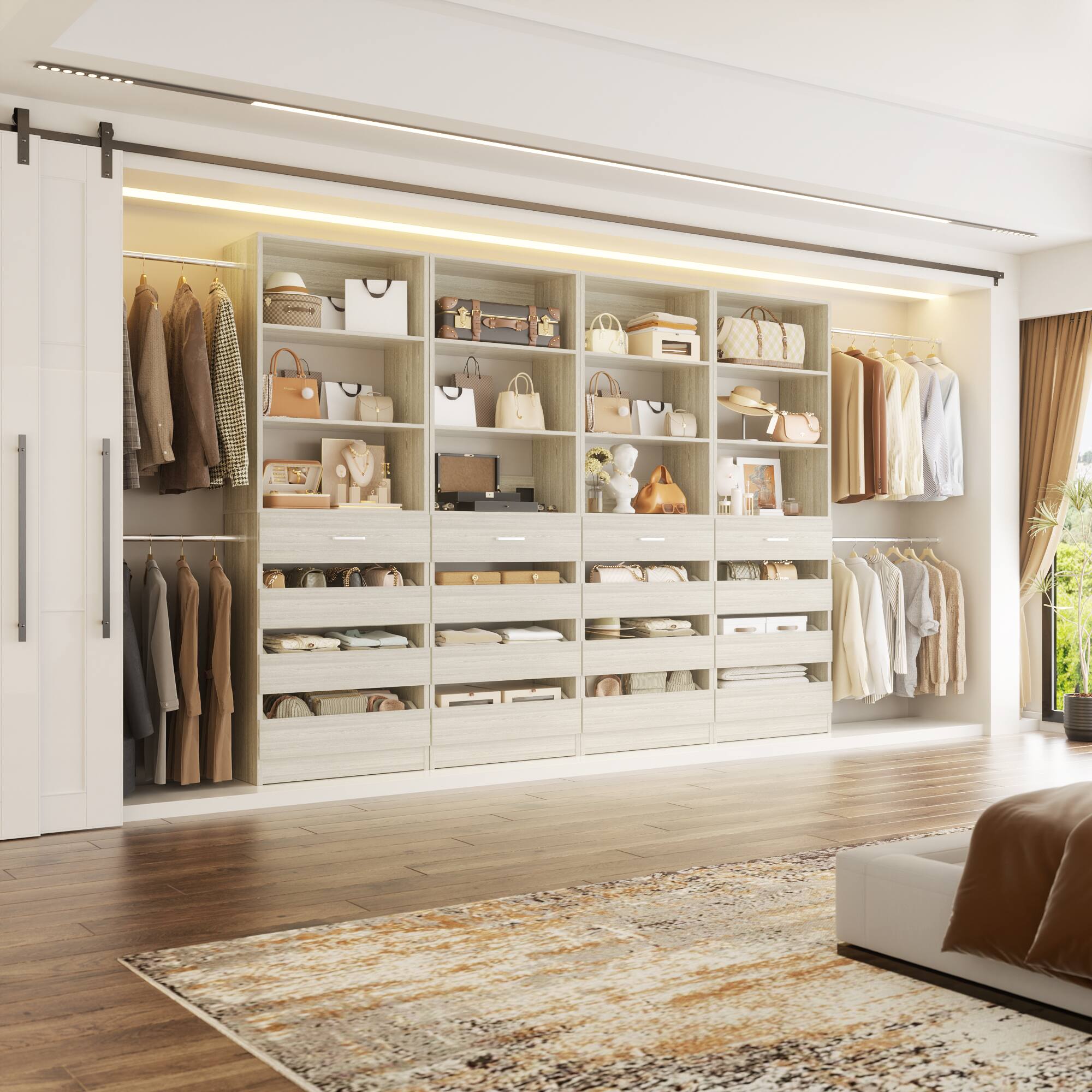 Left. Aheaplus - 4-Pack Modular Closet System, 4-36ft Expandable Wardrobe Organizer with 16 Drawers & Hanging Rods,Ships in 4 Packages - White Oak.