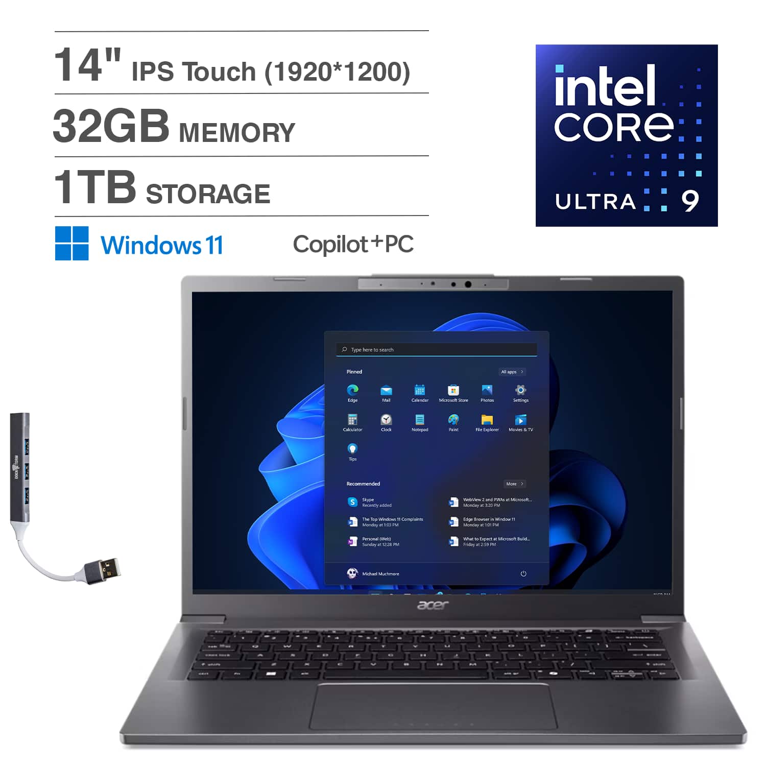 14" IPS Touch (1920*1200)  
32GB MEMORY  
1TB STORAGE  
Windows 11  
Copilot+PC  
intel CORE ULTRA 9