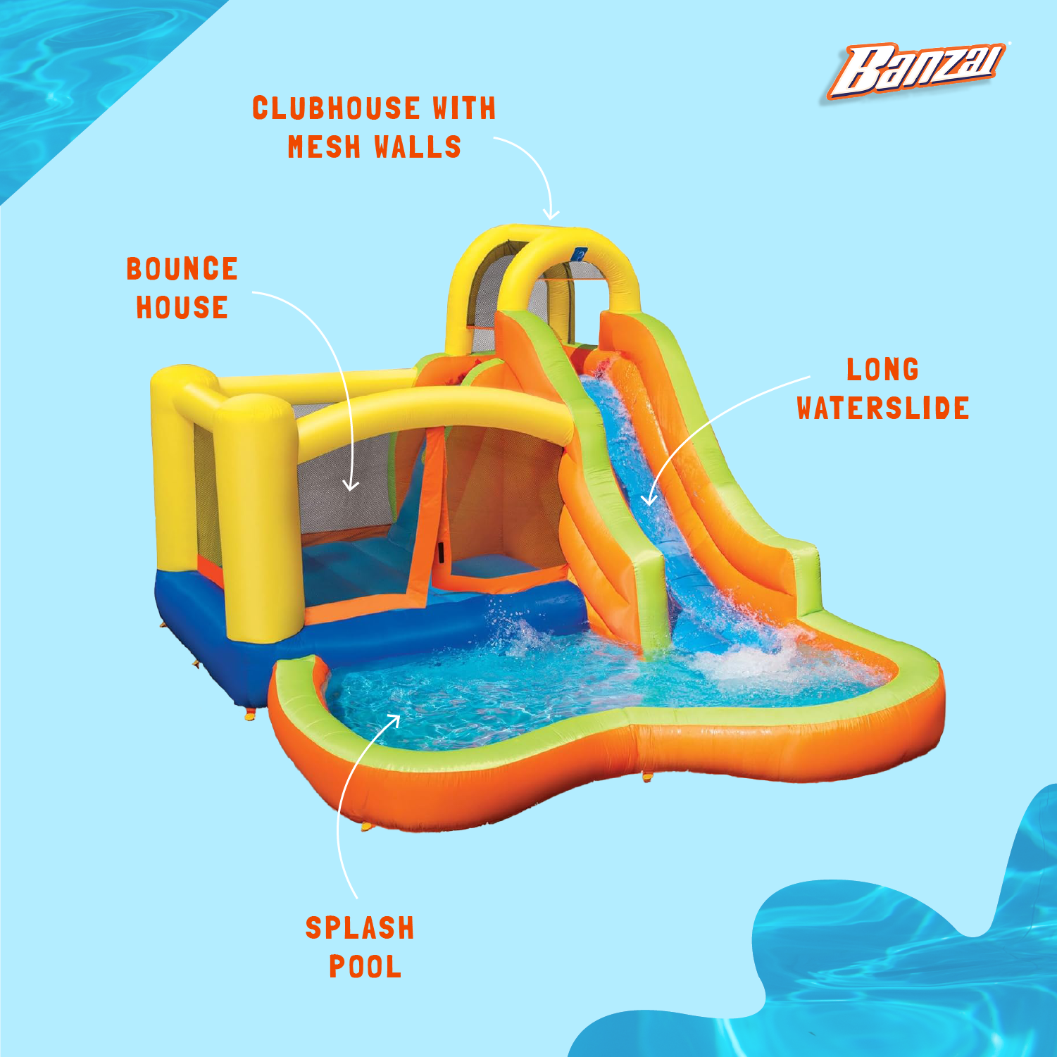 CLUBHOUSE WITH MESH WALLS  
BOUNCE HOUSE  
LONG WATERSLIDE  
SPLASH POOL