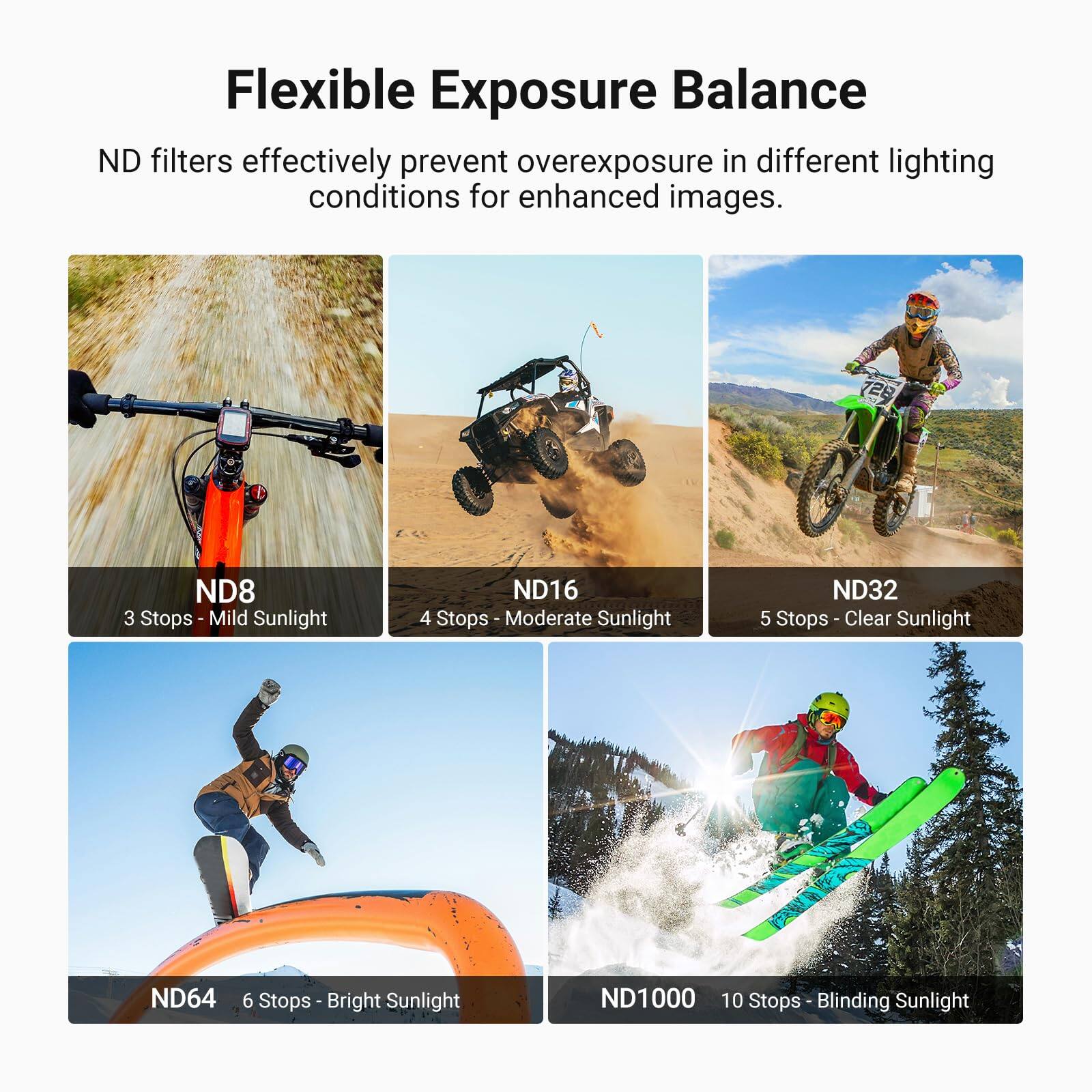 Flexible Exposure Balance

ND filters effectively prevent overexposure in different lighting conditions for enhanced images.

- ND8: 3 Stops - Mild Sunlight
- ND16: 4 Stops - Moderate Sunlight
- ND32: 5 Stops - Clear Sunlight
- ND64: 6 Stops - Bright Sunlight
- ND1000: 10 Stops - Blinding Sunlight