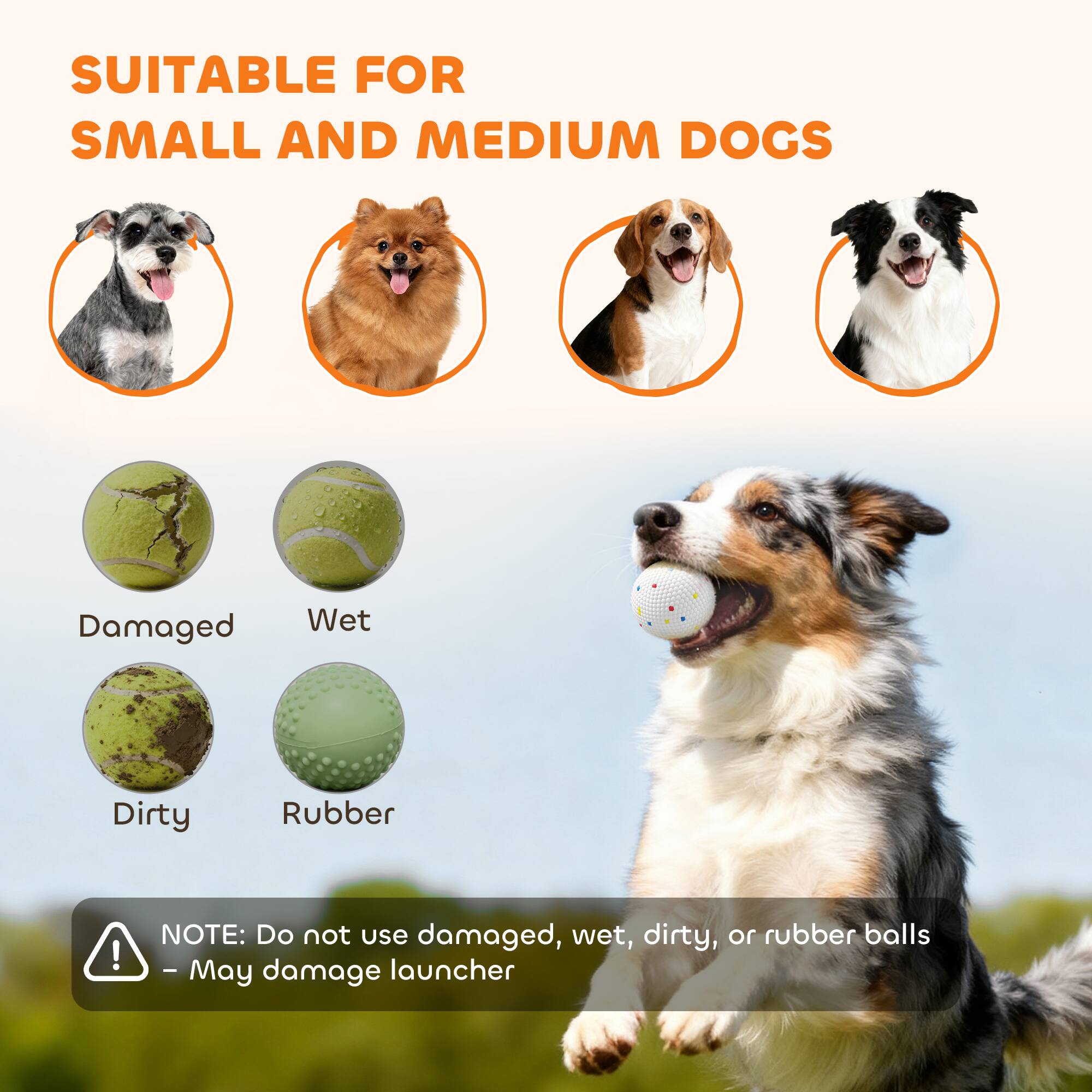 SUITABLE FOR SMALL AND MEDIUM DOGS

Damaged
Wet
Dirty
Rubber

NOTE: Do not use damaged, wet, dirty, or rubber balls - May damage launcher