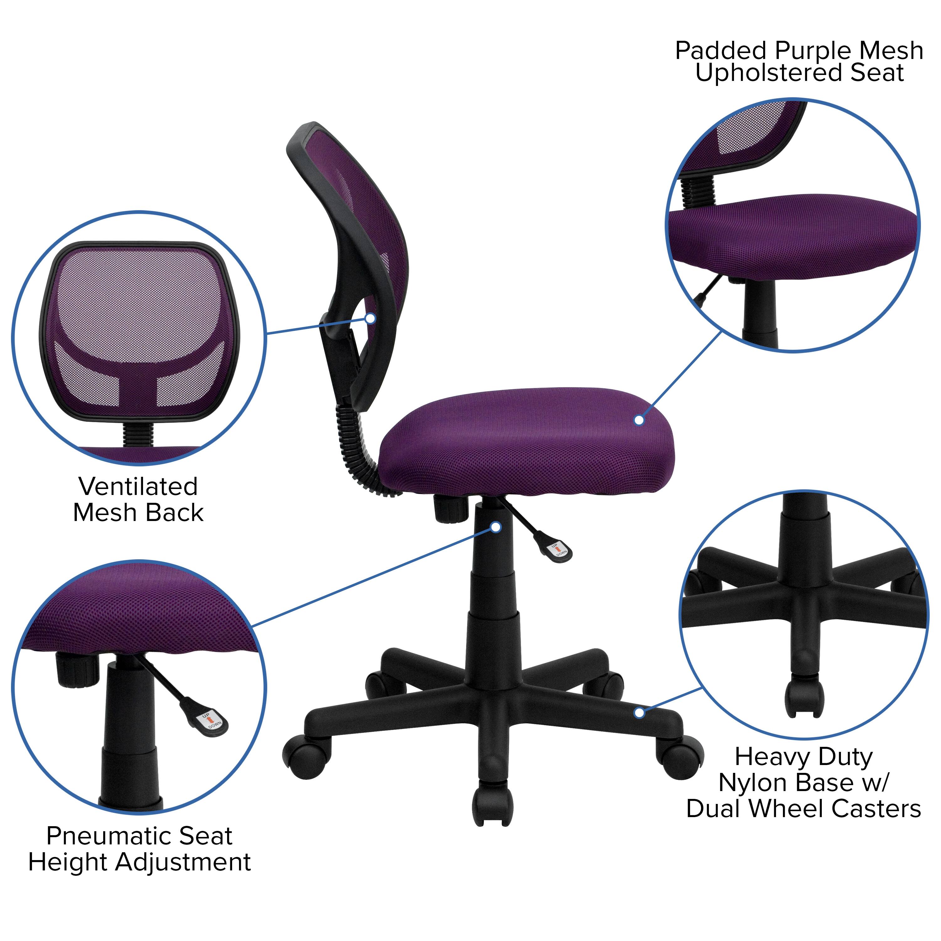 Padded Purple Mesh Upholstered Seat  
Ventilated Mesh Back  
Pneumatic Seat Height Adjustment  
Heavy Duty Nylon Base w/ Dual Wheel Casters