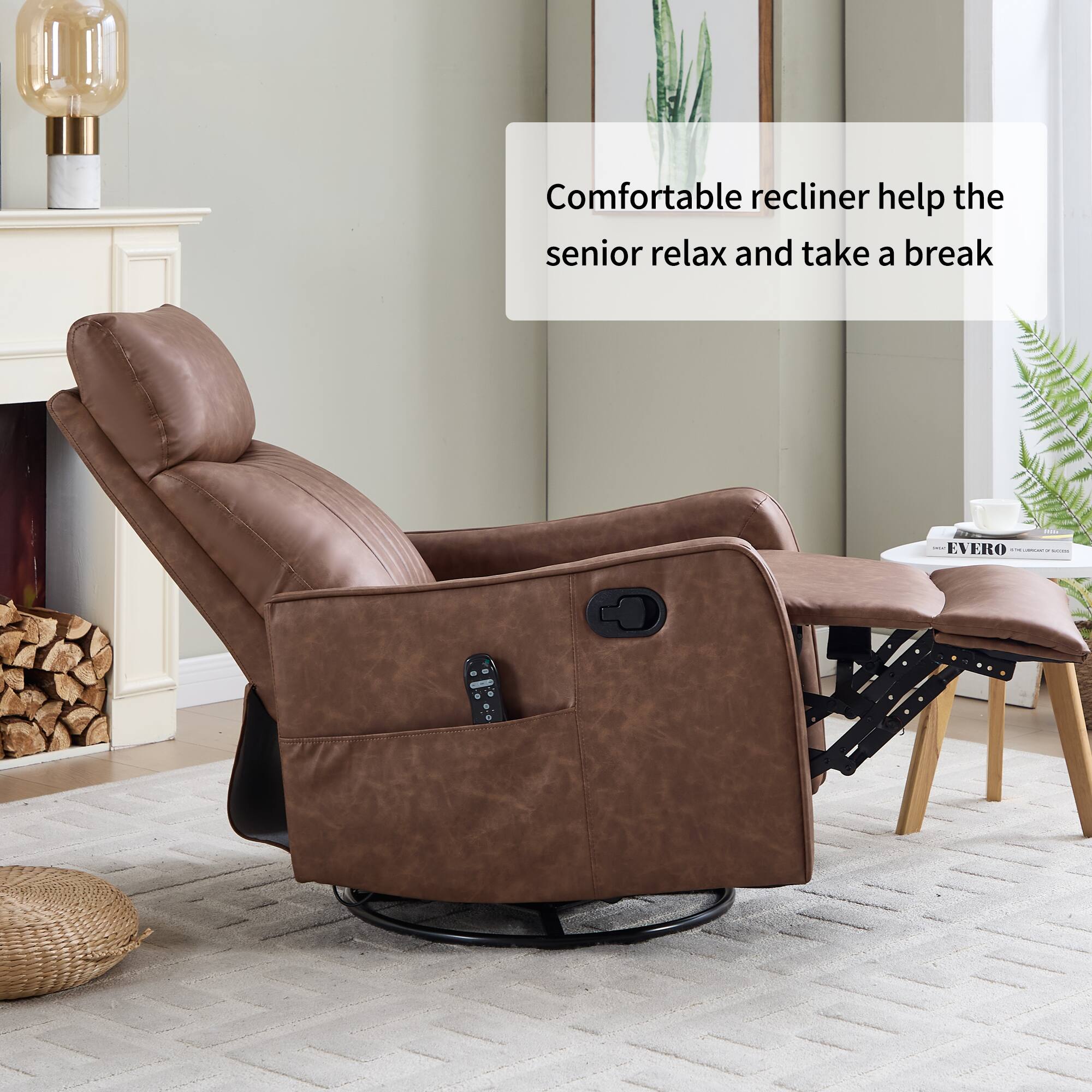 Comfortable recliner helps the senior relax and take a break.