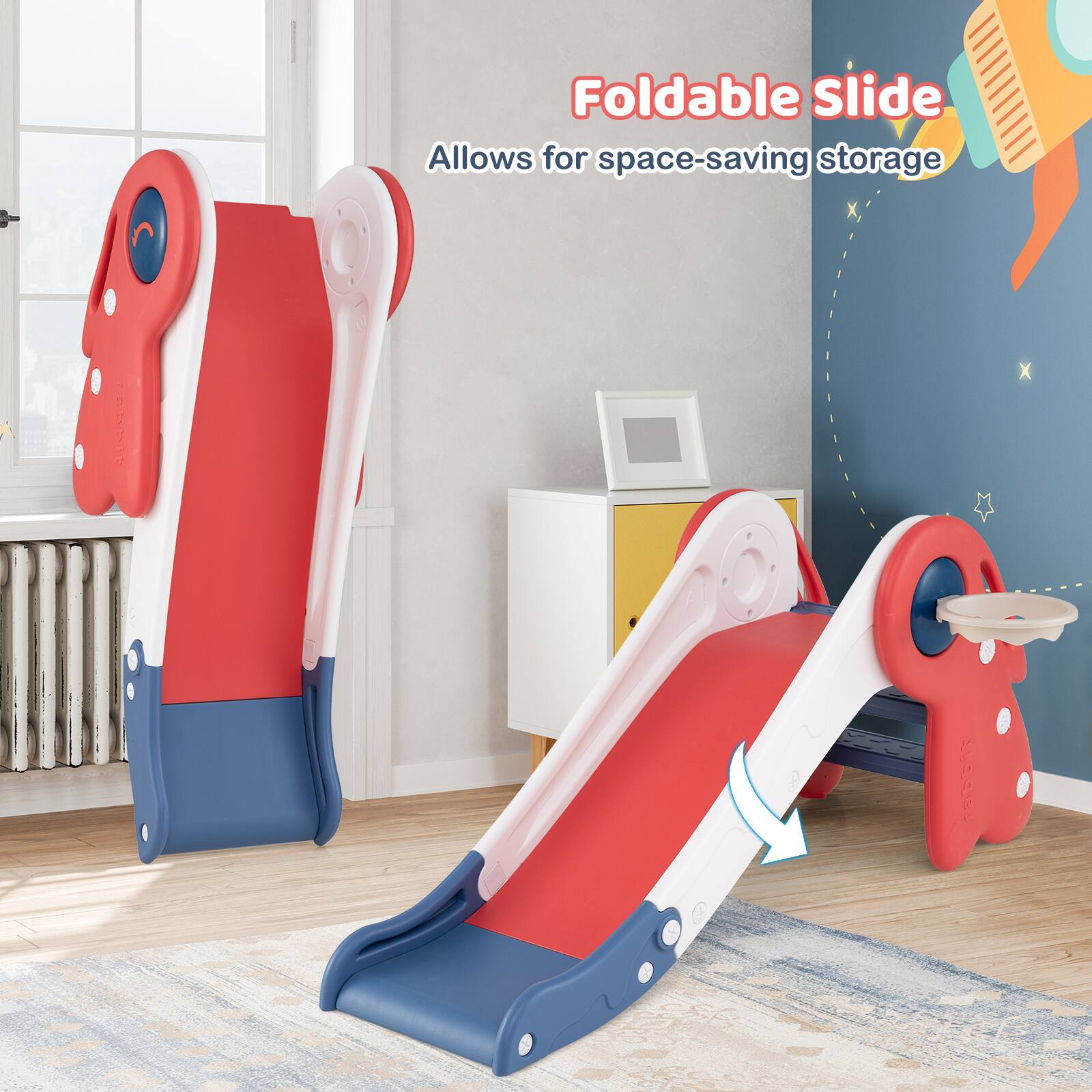 Foldable Slide  
Allows for space-saving storage