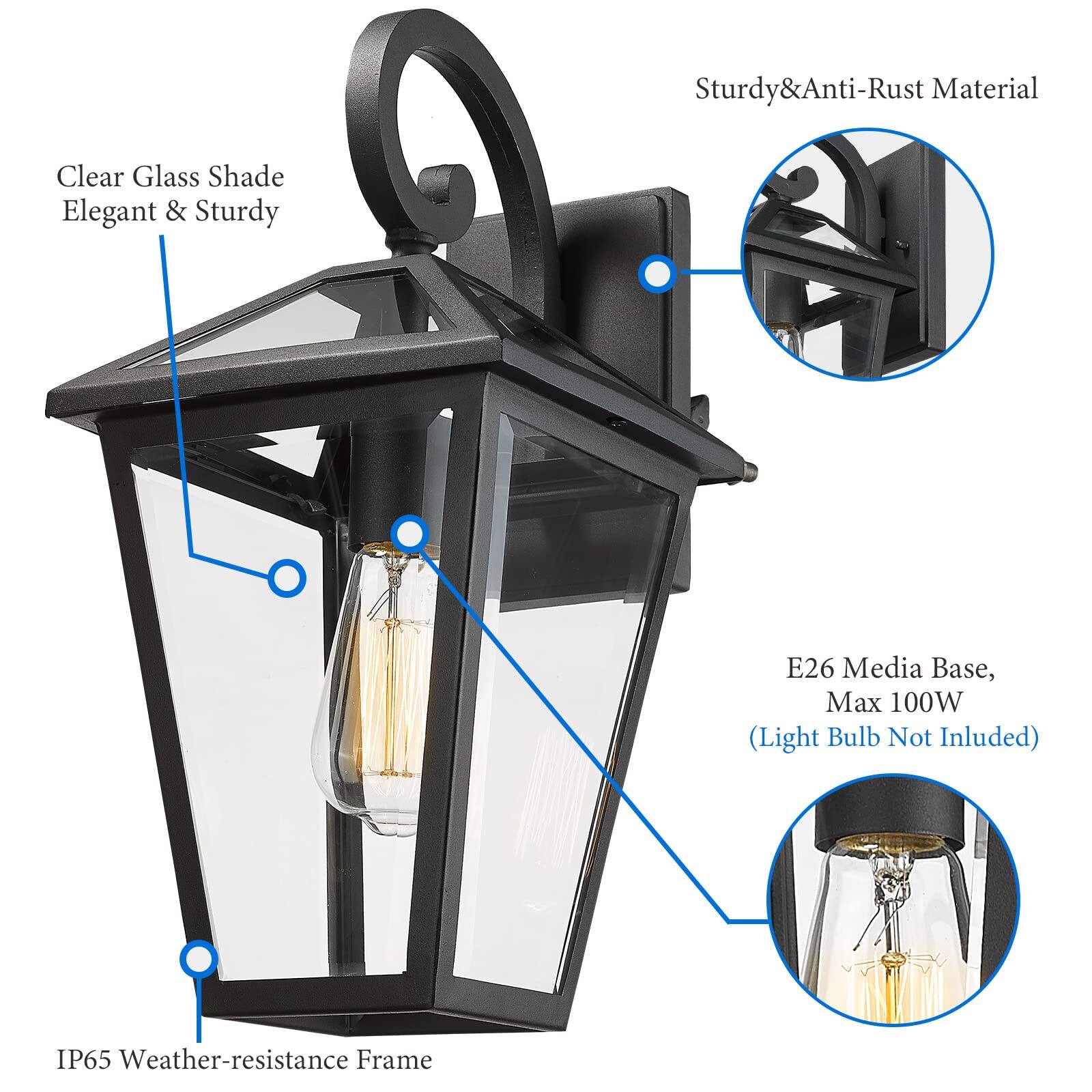 - Clear Glass Shade
  - Elegant & Sturdy

- Sturdy & Anti-Rust Material

- IP65 Weather-resistance Frame

- E26 Media Base, Max 100W
  - (Light Bulb Not Included)