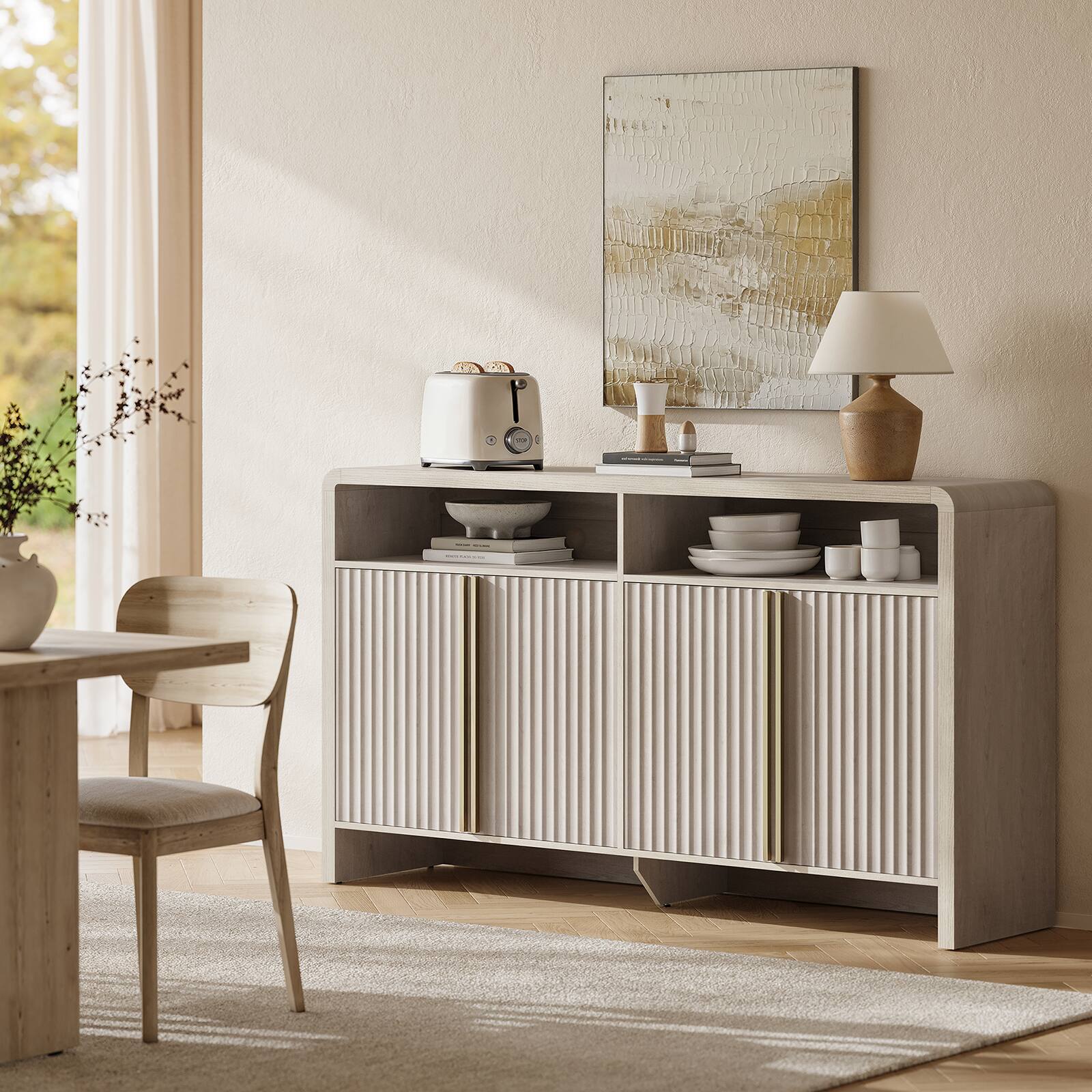 Back. ModernMate - 59.1" Modern Fluted Sideboard Cabinet, Curved 4-Door Credenza Accent Cabinet with Open Shelf - White Alder.
