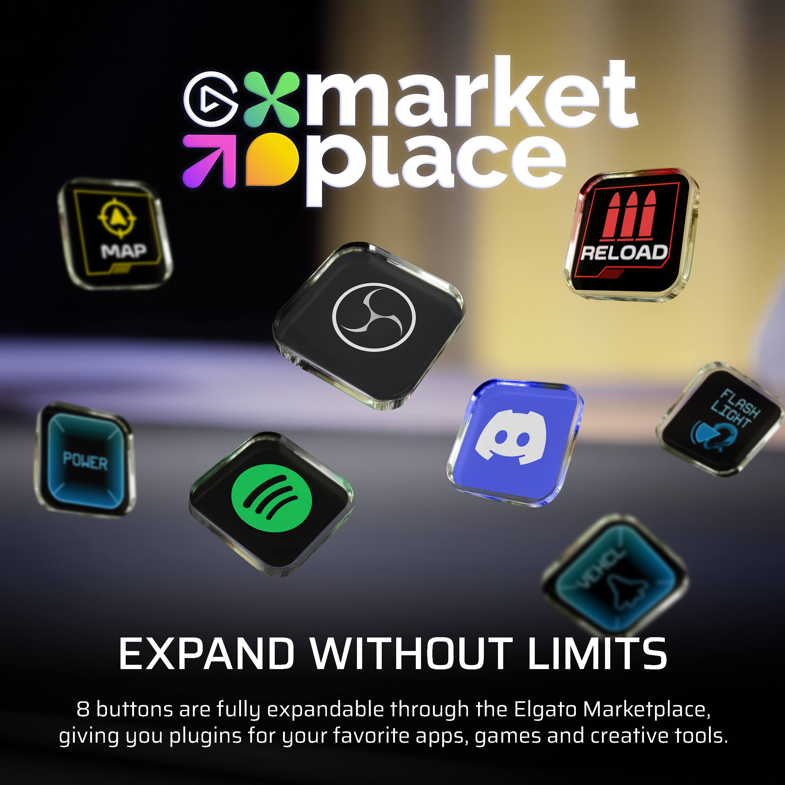 The text from the image can be grouped and corrected as follows:

---

**Elgato Marketplace**

**EXPAND WITHOUT LIMITS**

8 buttons are fully expandable through the Elgato Marketplace, giving you plugins for your favorite apps, games and creative tools.

---

This correction ensures that the text is clear, properly formatted, and free of any typos.