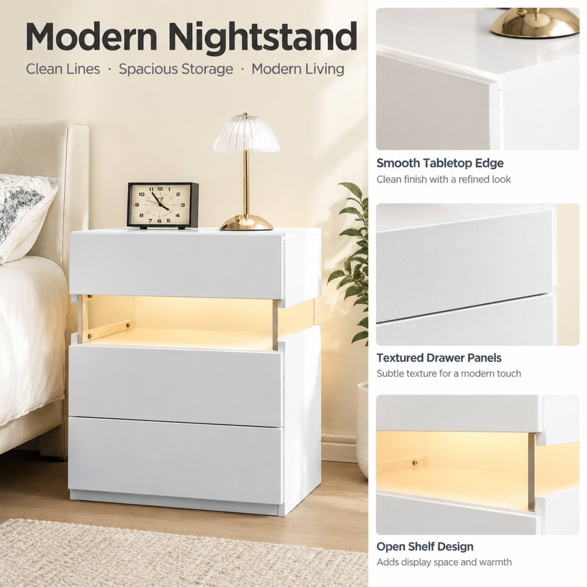 RYHNUYNE LED Nightstand with 3 Drawers, Acrylic Panel, RGB Lights ...