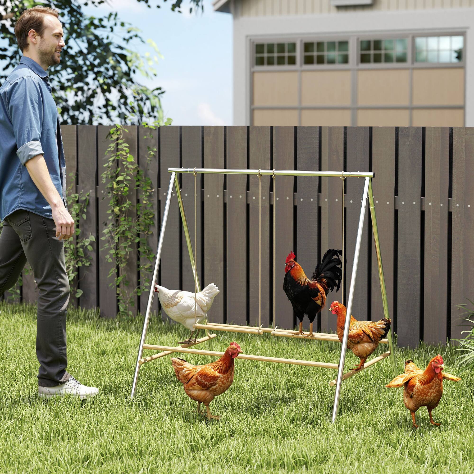 Alt View 1. Pawhut - Chicken Perch for Coop, Chicken Roosting Bars with 2 Swings, Coop Accessories for Farm - Silver.