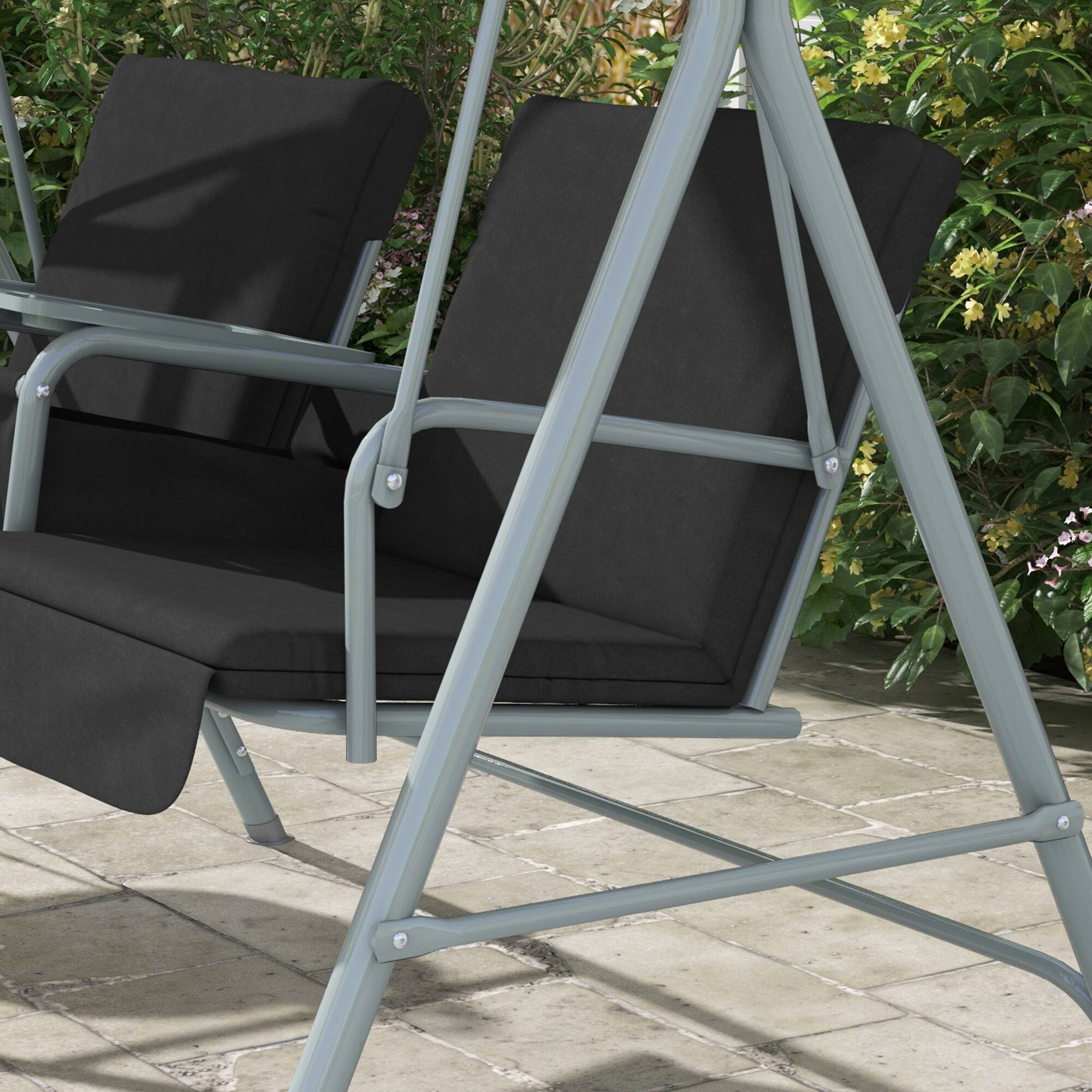 Alt View 4. Outsunny - Outsunny 2 Person Porch Swing with Stand, Outdoor Swing with Canopy, Pivot Storage Table, 2 Cup Holders, Cushions - Black.