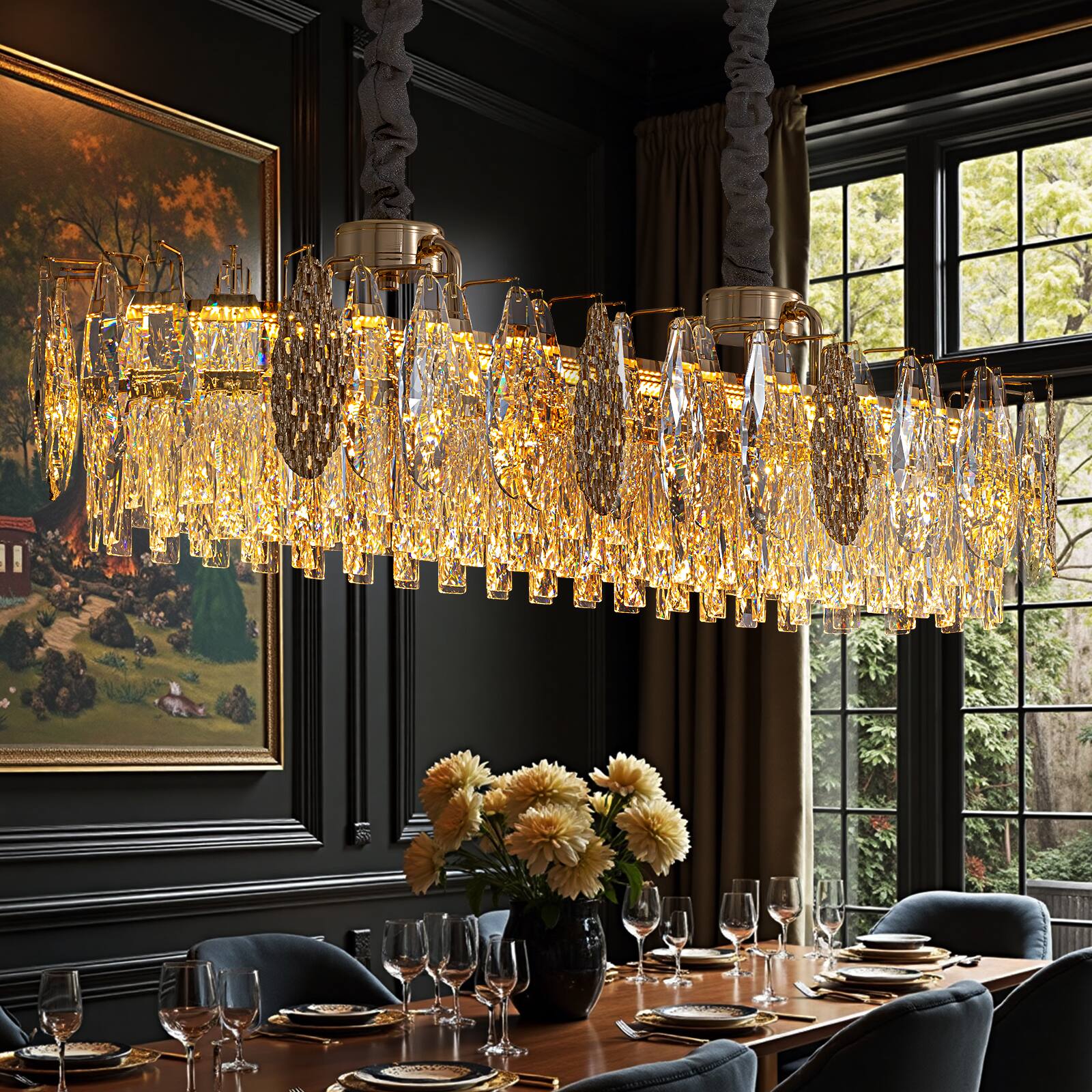 Siljoy - 40" Modern Linear K9 Crystal Chandelier, Height Adjustable LED Pendant Light for Kitchen Island Dining Living Foyer - Gold