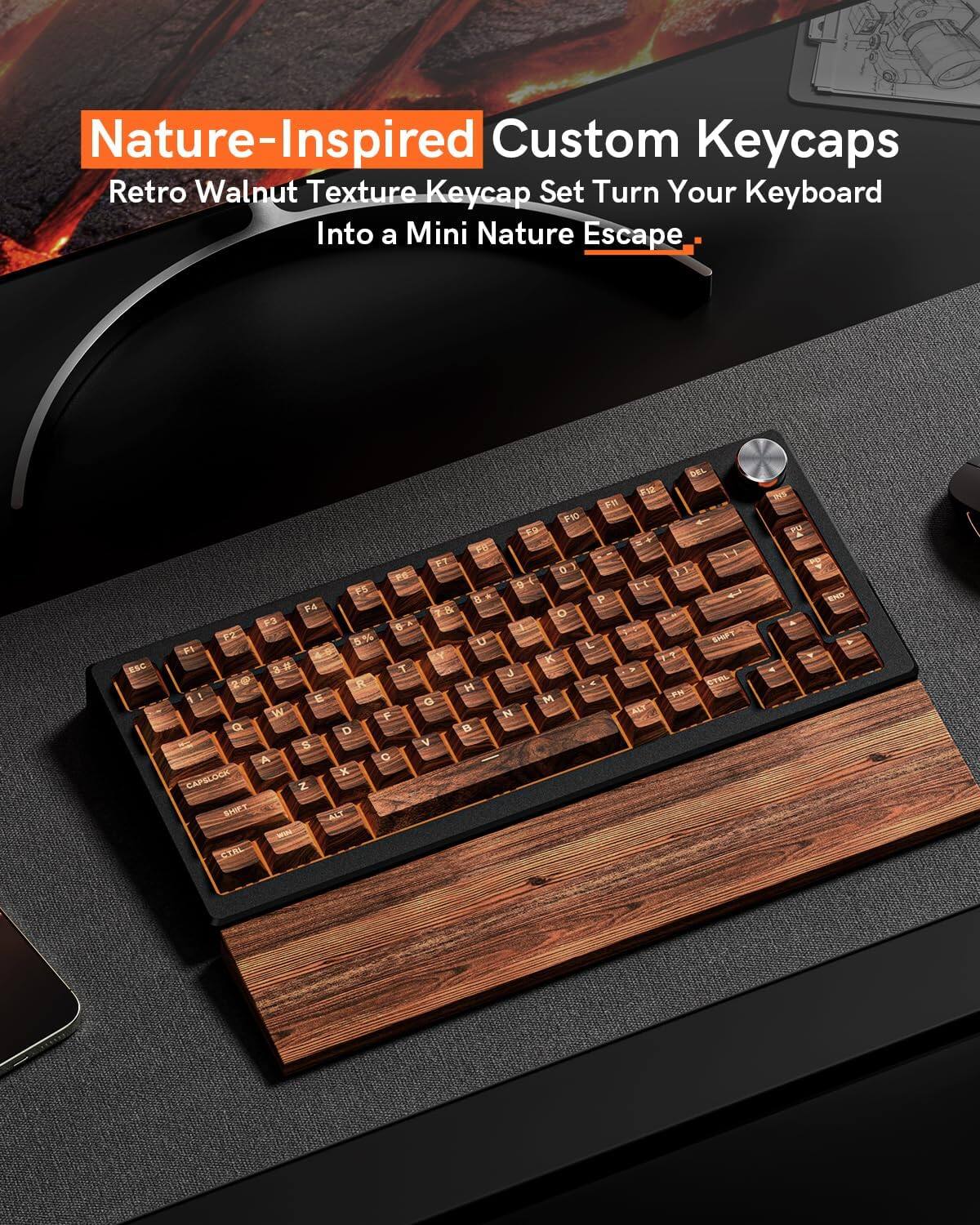 Nature-Inspired Custom Keycaps  
Retro Walnut Texture Keycap Set Turn Your Keyboard Into a Mini Nature Escape